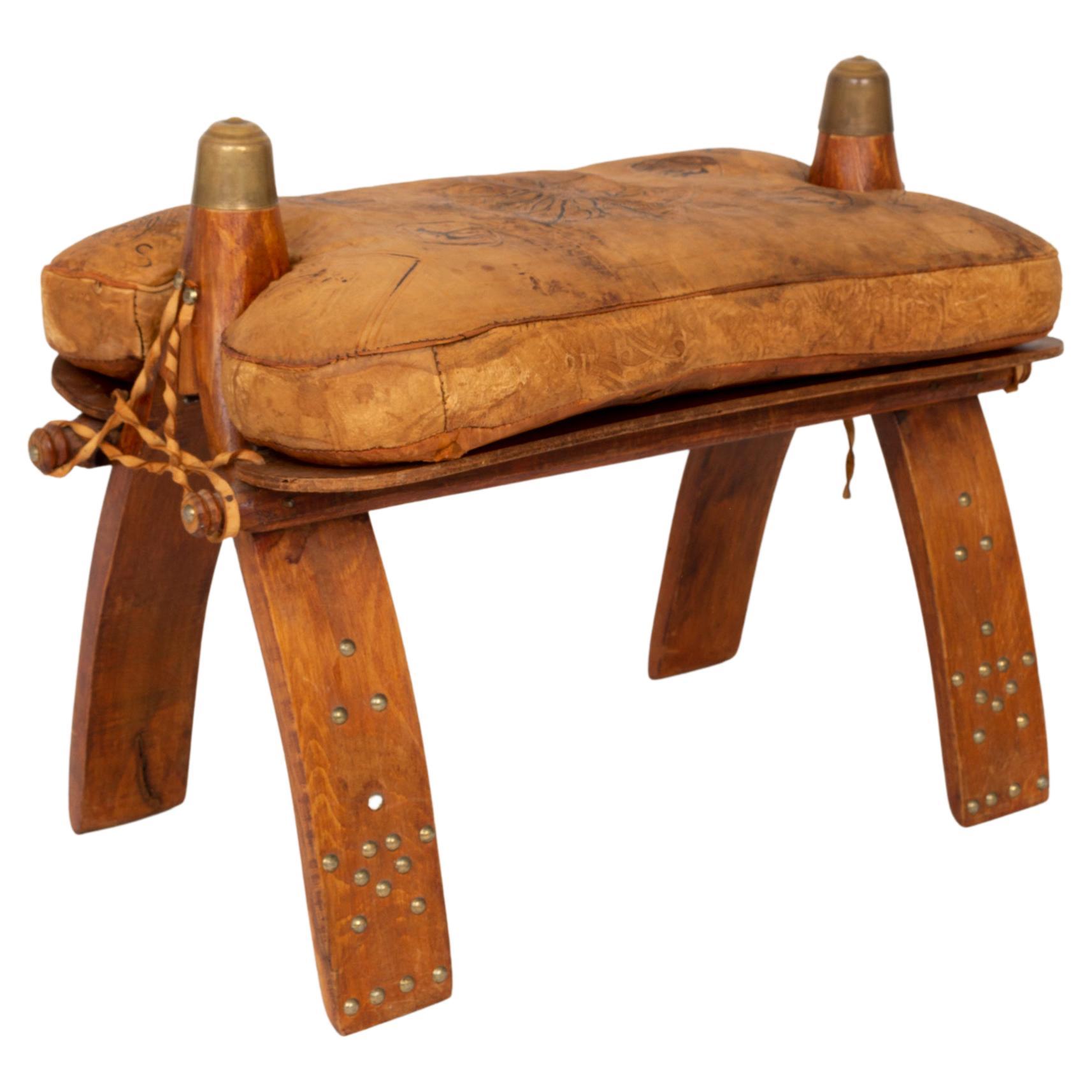 Vintage Camel Leather Saddle Stool Ottoman, Morocco c.1960