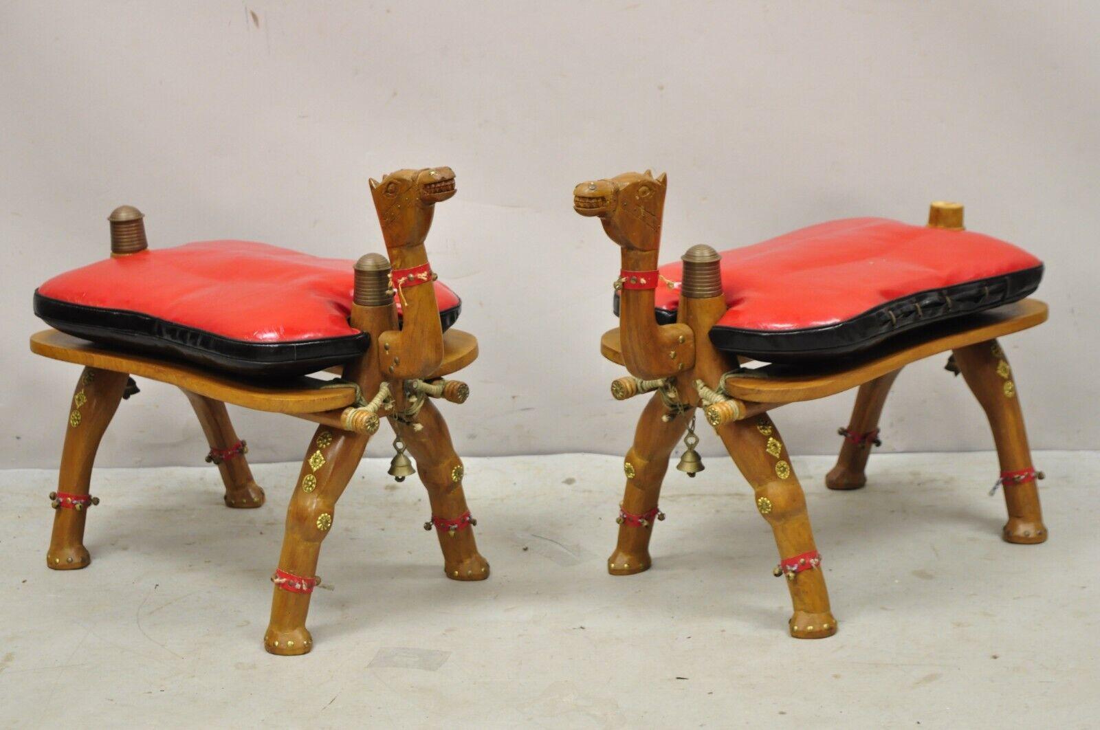Vintage Camel Saddle Stools Carved Wood Black/Red Cushions, a Pair For Sale 2