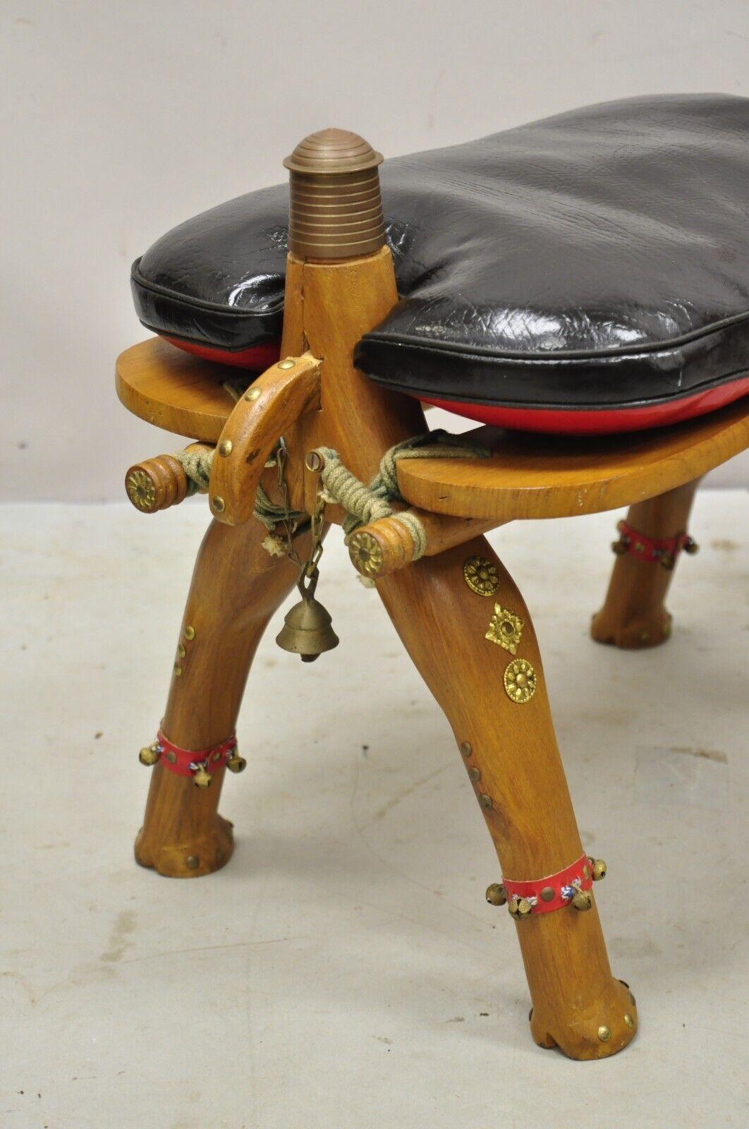 Vintage Camel Saddle Stools Carved Wood Black/Red Cushions, a Pair For Sale 4