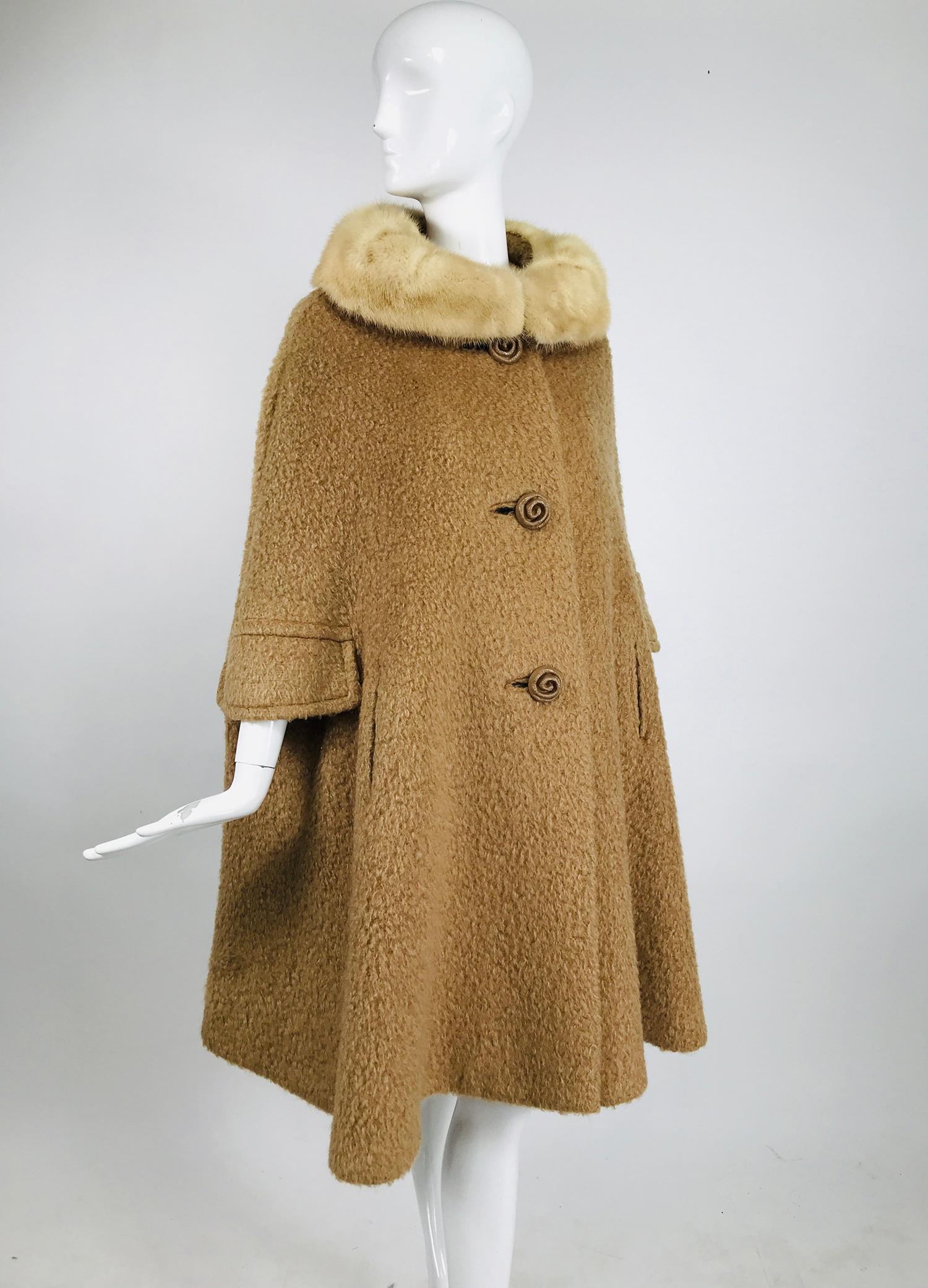 Vintage Camel Tan Mohair Cape Coat with Mink Collar 1960s 2