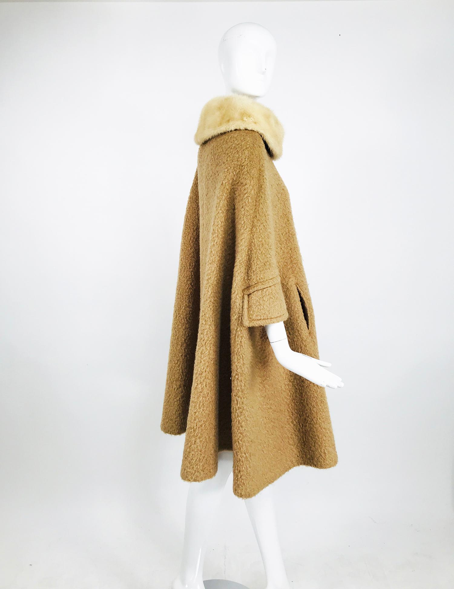 Vintage Camel Tan Mohair Cape Coat with Mink Collar 1960s 3