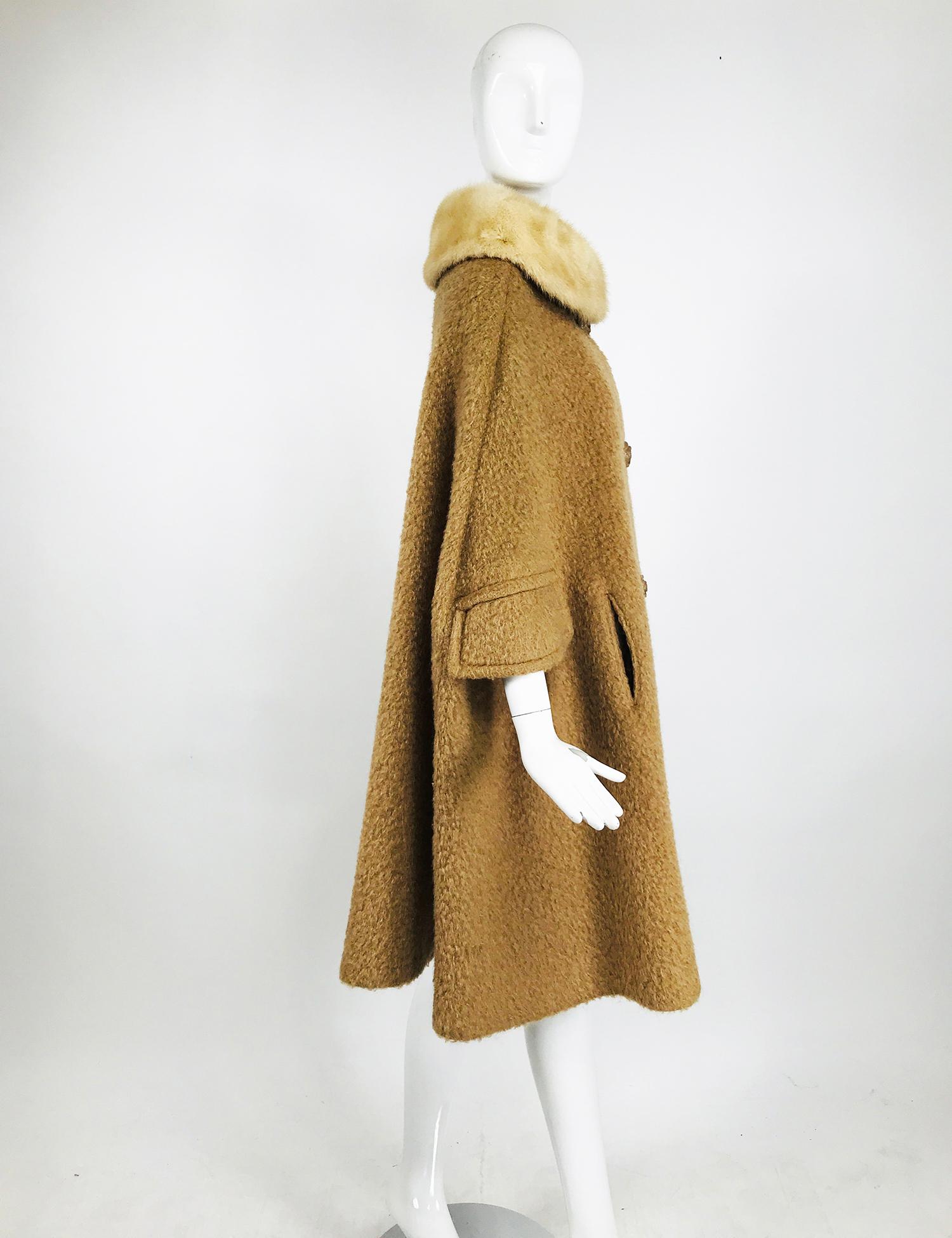 Vintage Camel Tan Mohair Cape Coat with Mink Collar 1960s 4