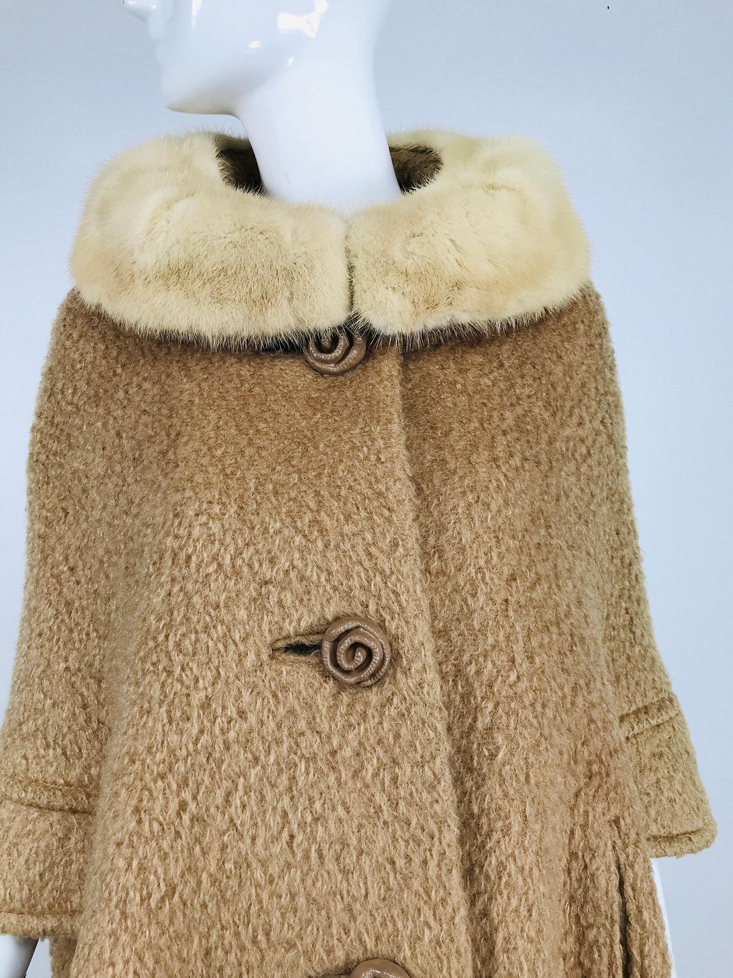 Vintage Camel Tan Mohair Cape Coat with Mink Collar 1960s 5