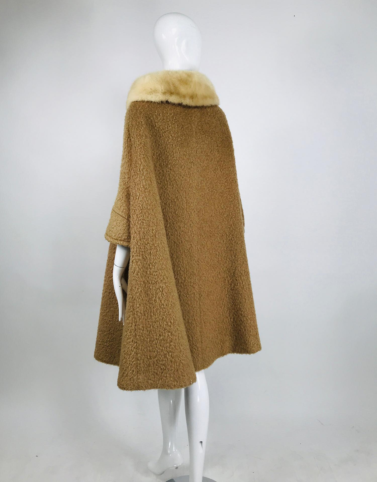 Brown Vintage Camel Tan Mohair Cape Coat with Mink Collar 1960s