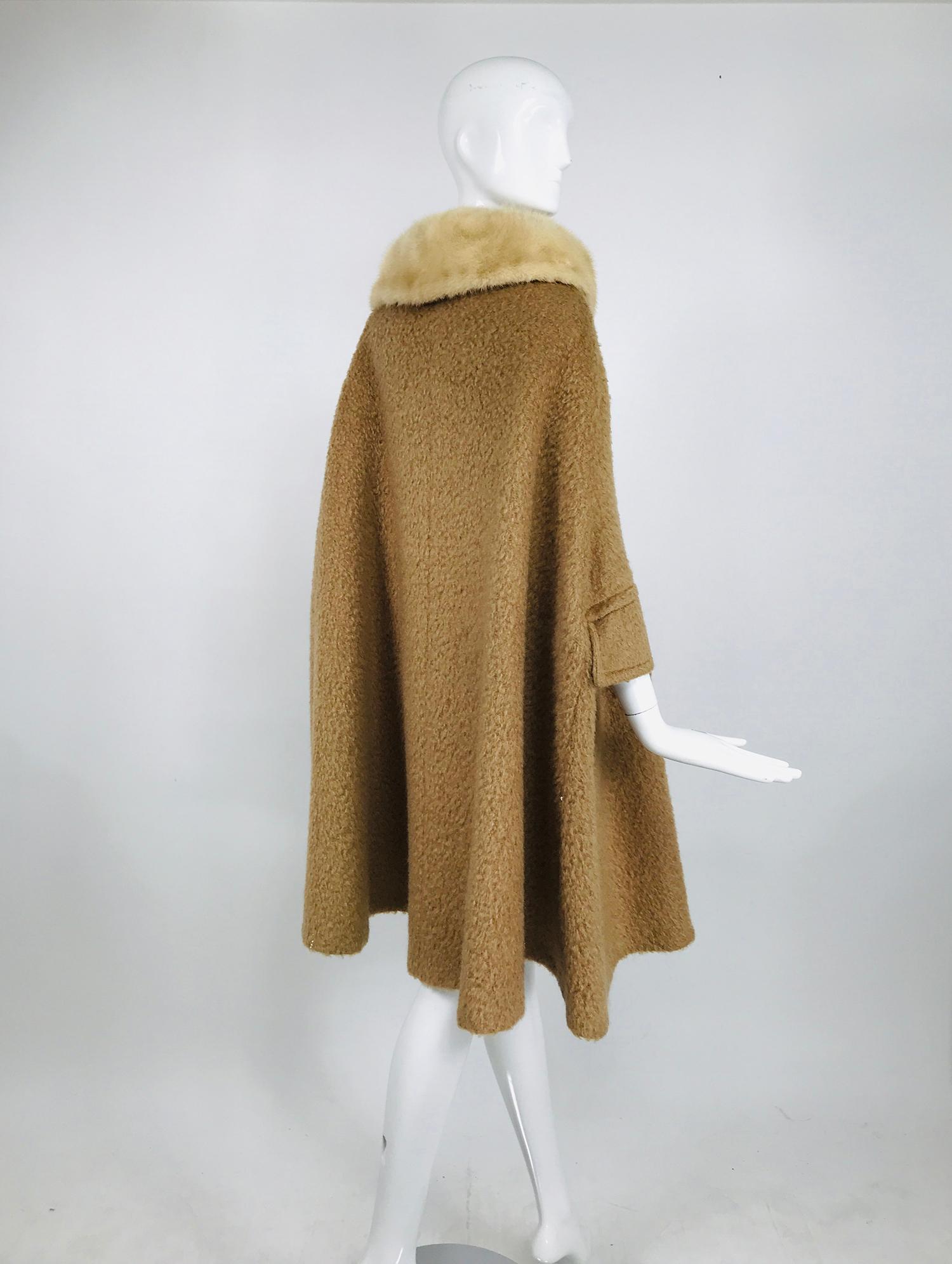 Vintage Camel Tan Mohair Cape Coat with Mink Collar 1960s 1