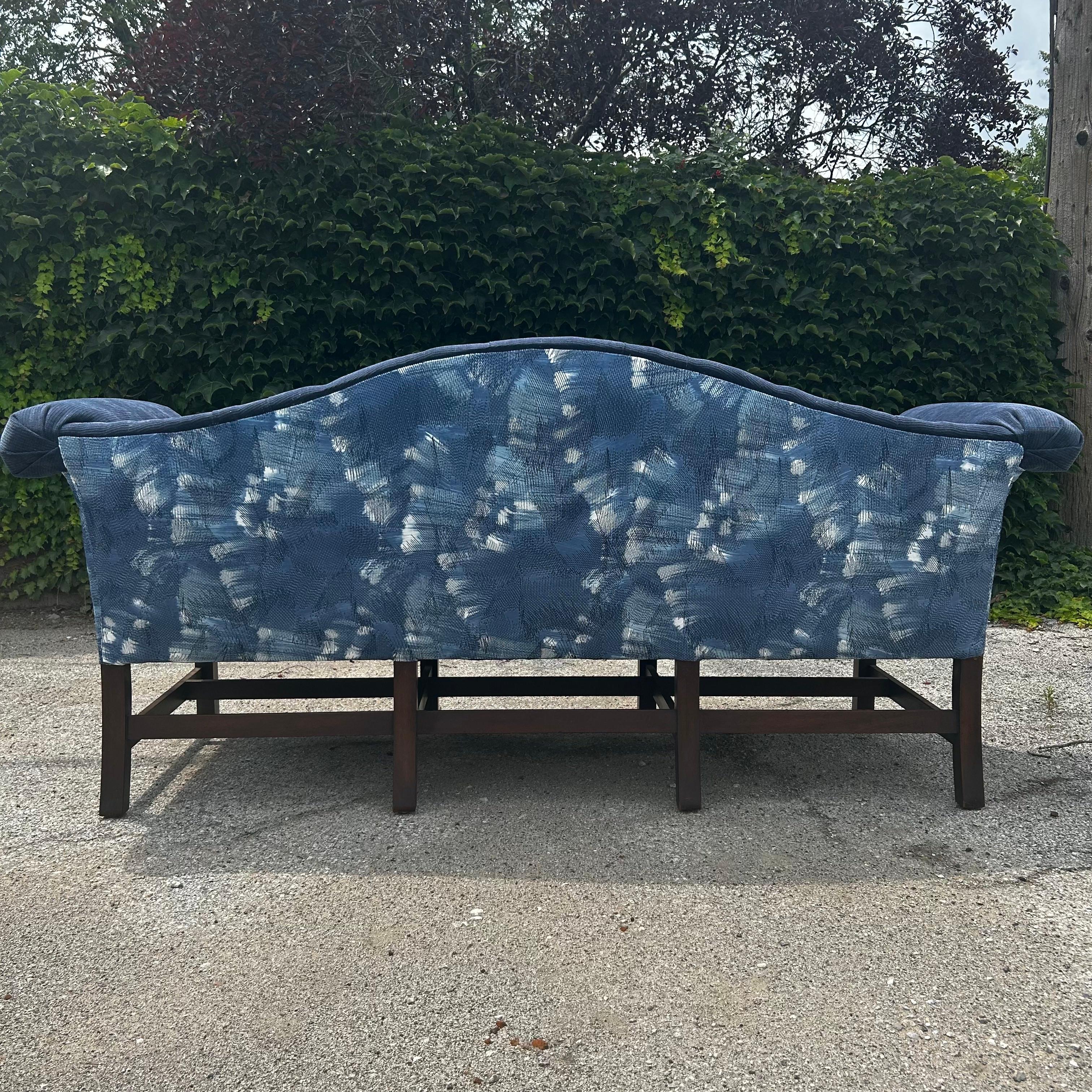 Vintage Camelback Sofa with Tufted Back in Blue Corduroy and Velvet In Good Condition For Sale In Munster, IN
