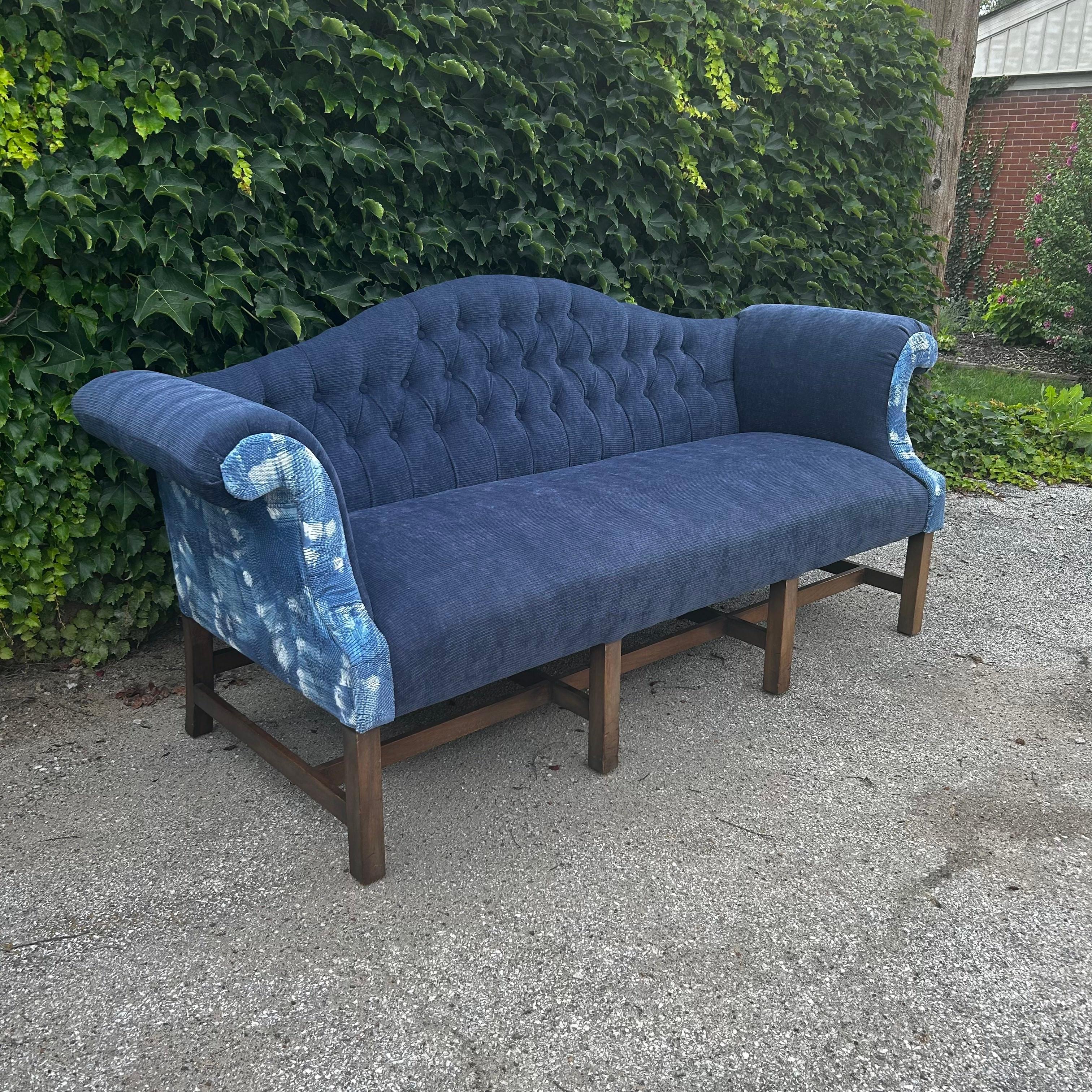 Upholstery Vintage Camelback Sofa with Tufted Back in Blue Corduroy and Velvet For Sale