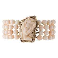 Vintage Cameo Bracelet 4-Strand Angel Skin Coral 14 Karat Gold Estate Jewelry