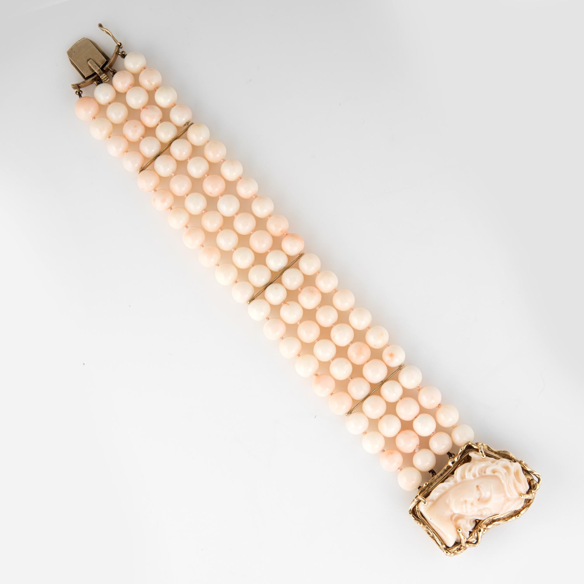Retro Vintage Cameo Bracelet 4-Strand Angel Skin Coral 14 Karat Gold Estate Jewelry