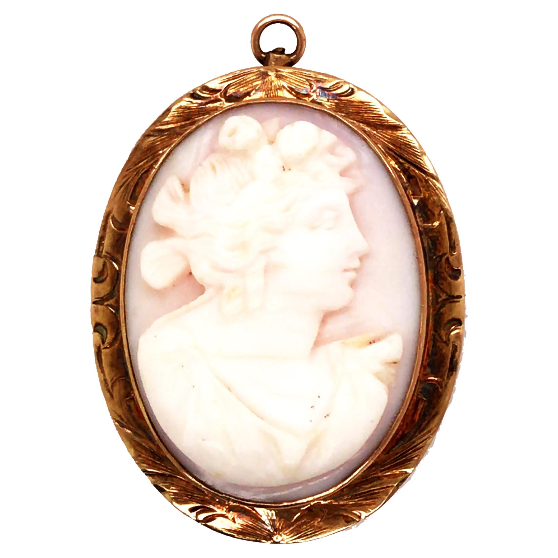 Vintage Cameo Brooch Pin Pendant 14K Yellow Gold Antique Art Deco Hand Engraved For Sale