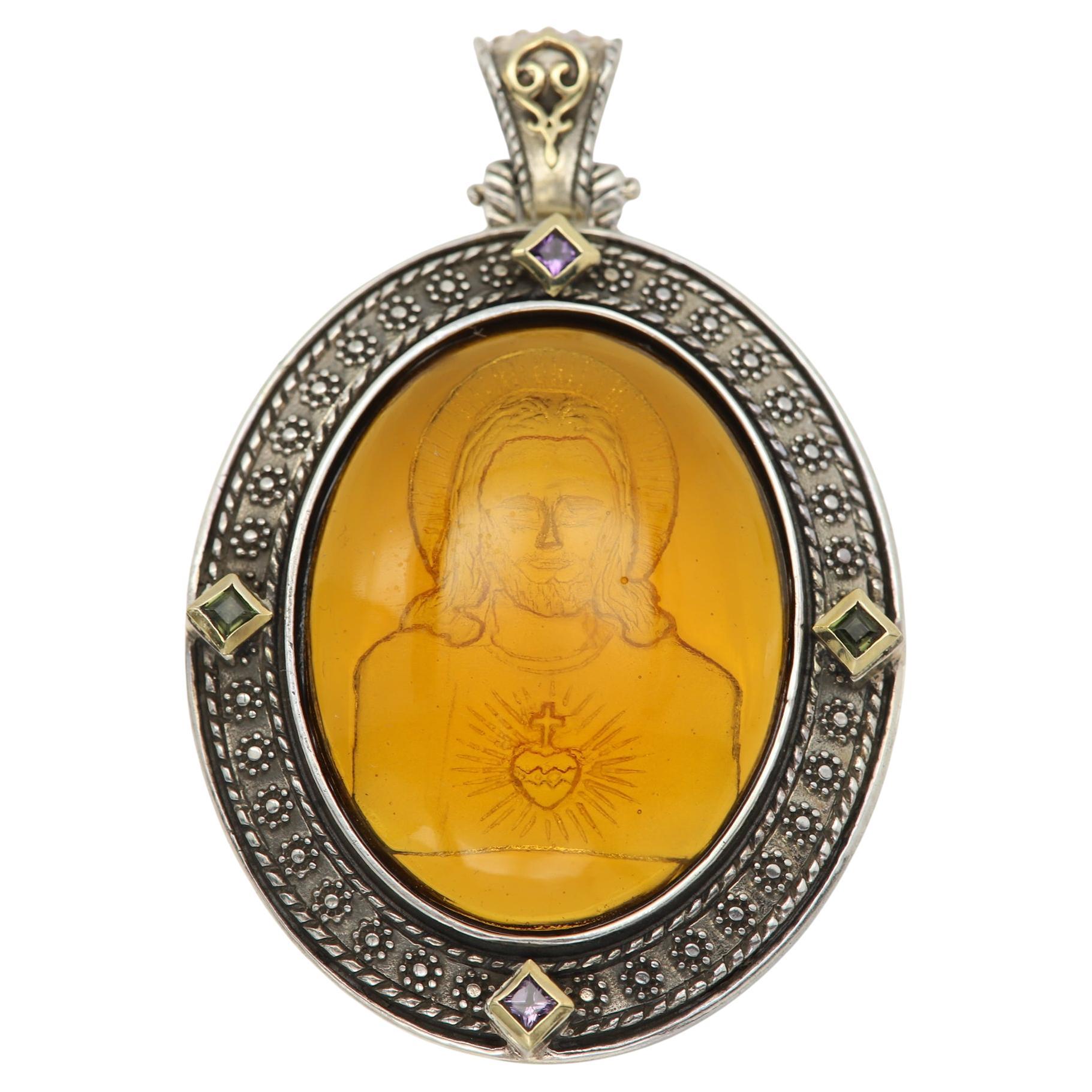 Vintage Cameo of Jesus in Italian Vintage Murano Glass Pendant