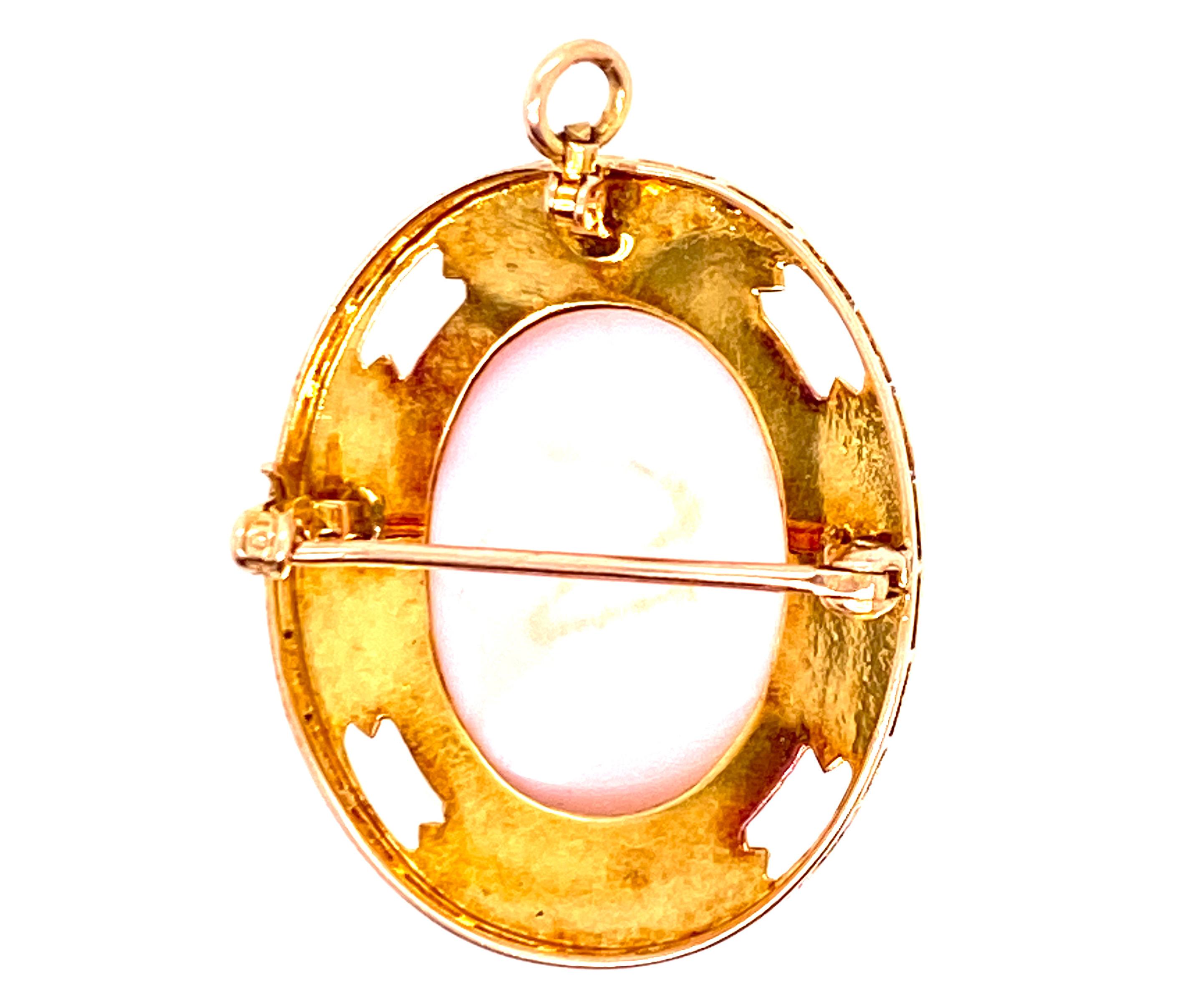 Oval Cut Vintage Cameo Pendant Art Deco Flowers Brooch Pin Yellow Gold For Sale