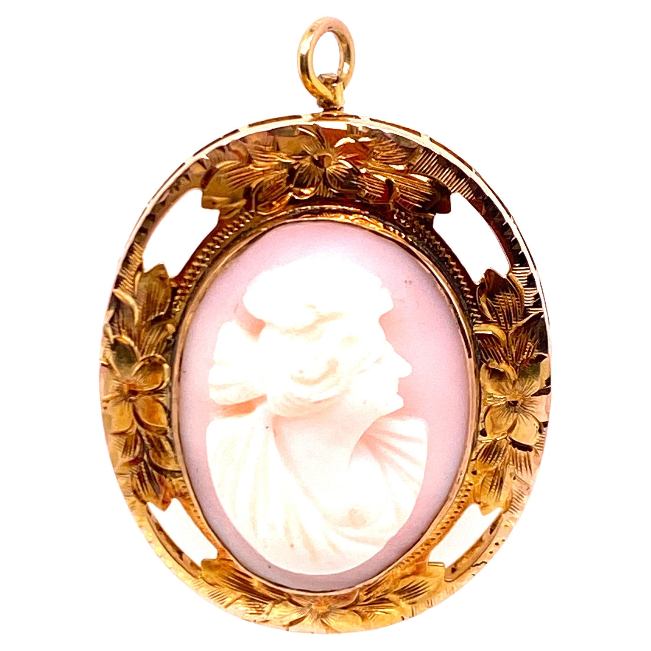 Vintage Cameo Pendant Art Deco Flowers Brooch Pin Yellow Gold For Sale