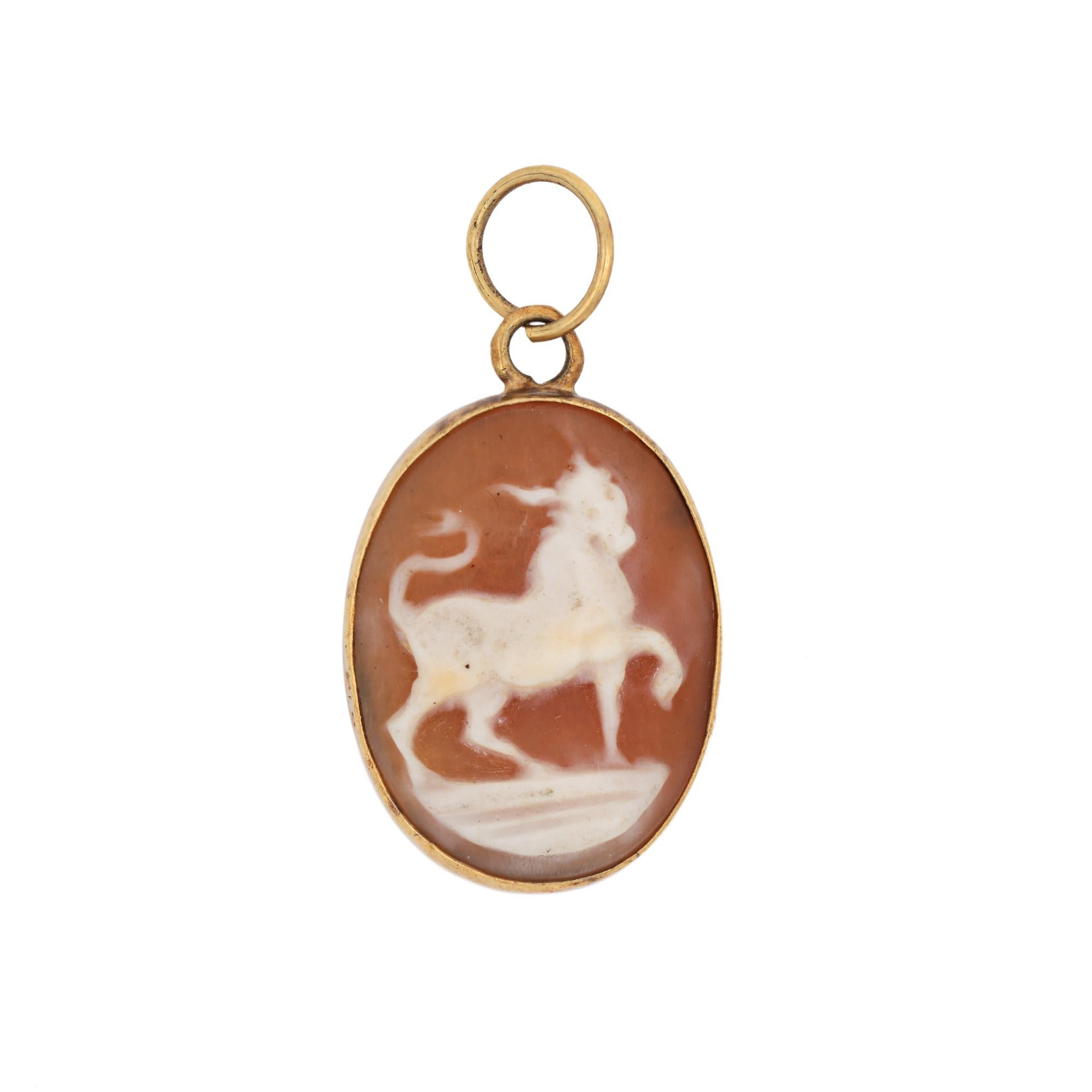 
Finely detailed vintage double sided cameo pendant crafted in 14 karat yellow gold (circa 1950s to 1960s). 

Shell cameo measures 20mm x 15mm. 

The distinct pendant features a carved cameo depicting the Three Graces with the reverse side an