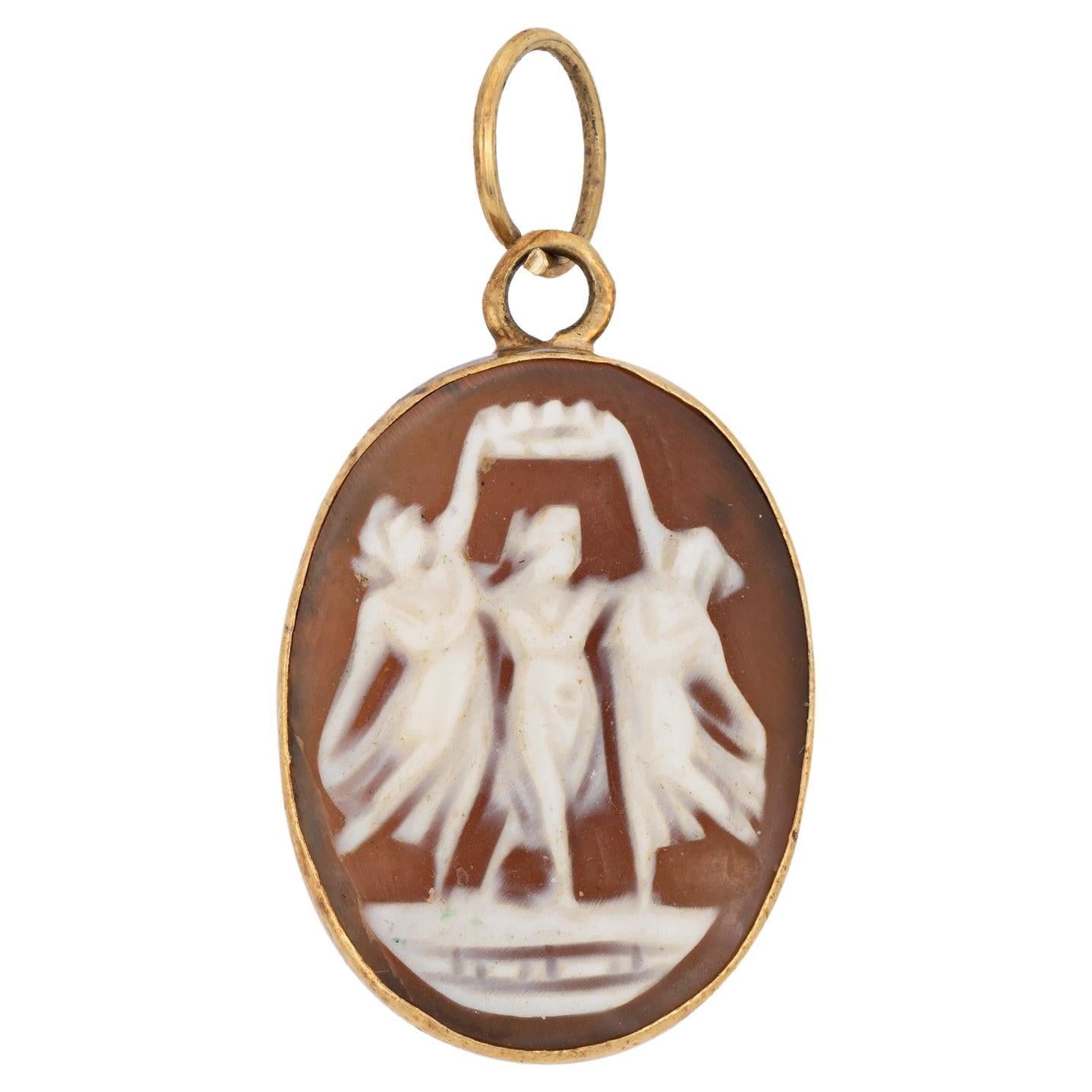 Vintage Cameo Pendant Double Sided 14k Yellow Gold The Three Graces Animal