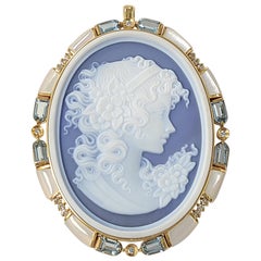 Antique Cameo Pendant or Brooch with Aquamarine and Diamond Set in 18 Karat Gold