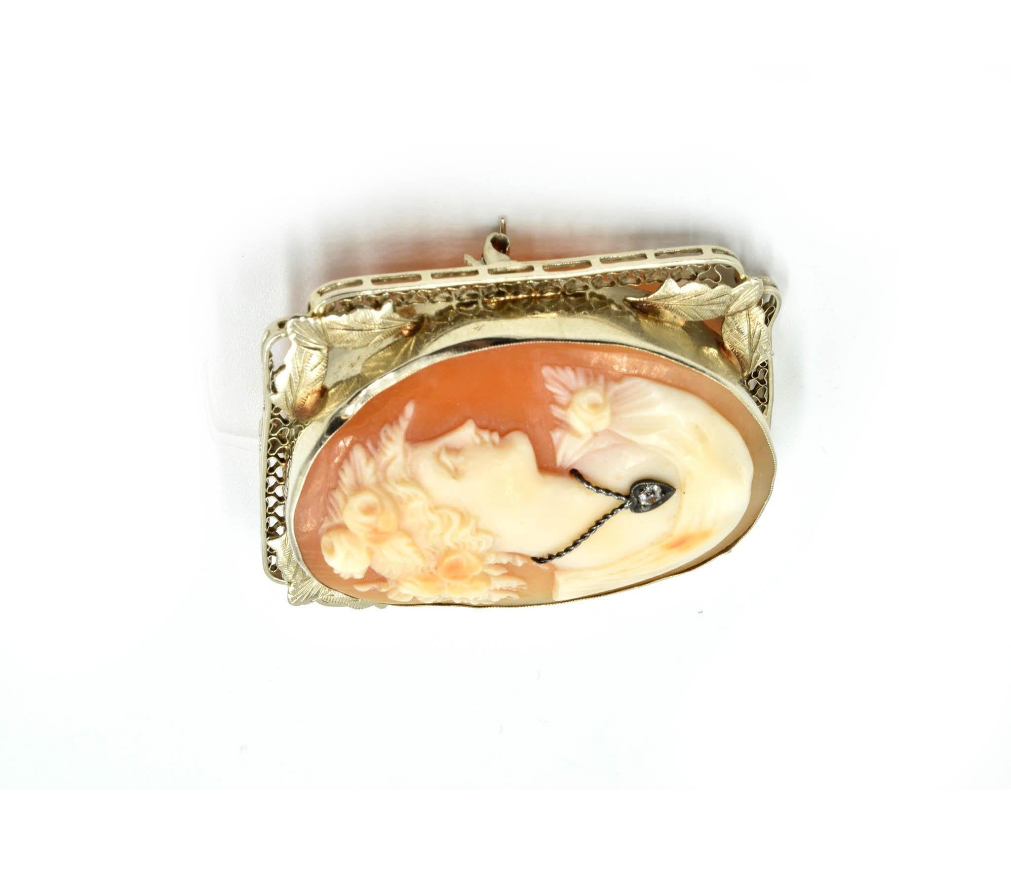 Women's or Men's Vintage Cameo Pin with Diamond 14 Karat White Gold