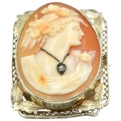 Vintage Cameo Pin with Diamond 14 Karat White Gold