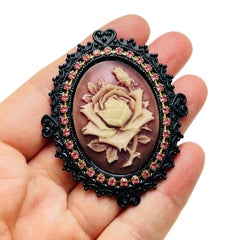 Vintage cameo rose rhinestone designer brooch