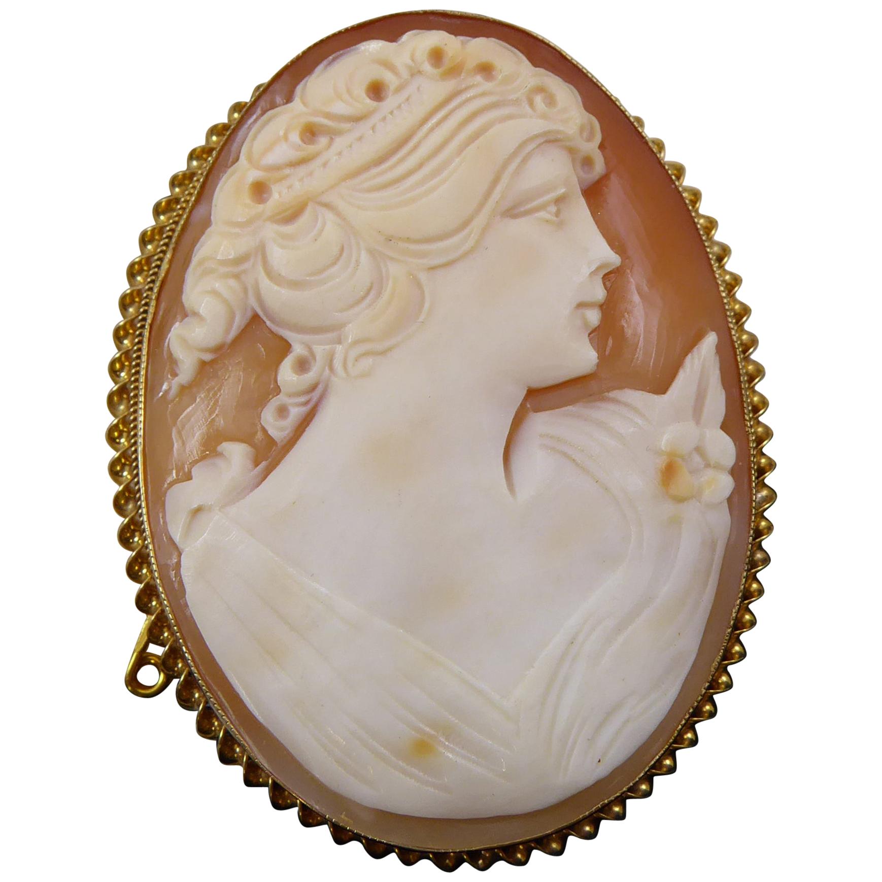 Vintage Cameo Shell Brooch, Rope Twist Edge, 1970s