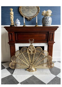 Vintage Cameo Style Brass Peacock Fireplace Screen  Folding Fan Fire Guard