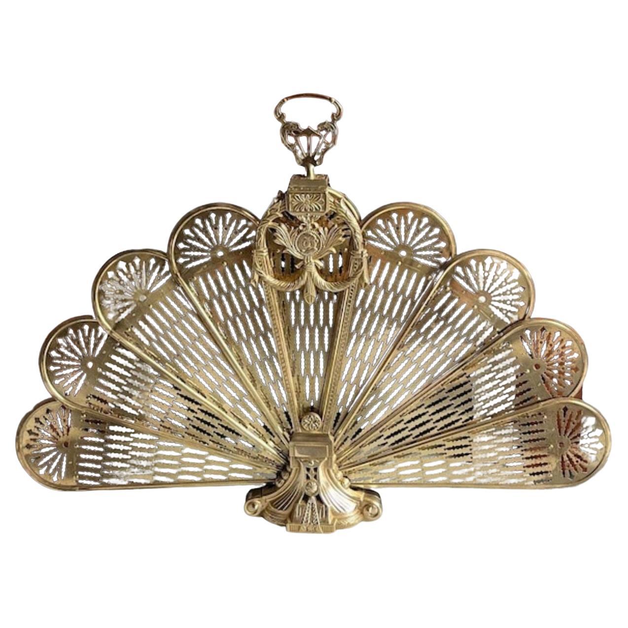 Vintage Cameo Style Brass Peacock Fireplace Screen Folding Fan Fire Guard