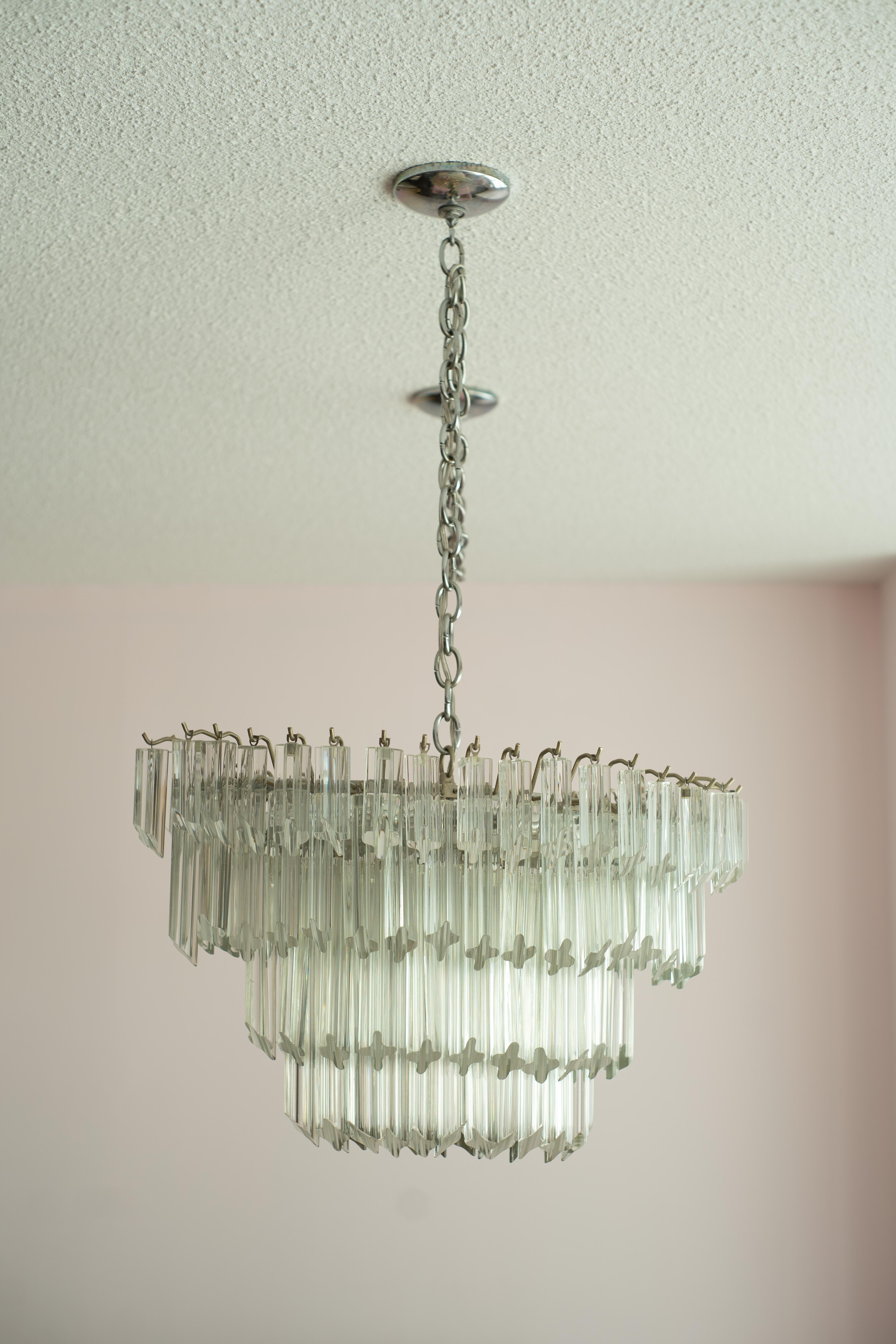 Late 20th Century Vintage Camer Glass or Venini Tiered Oval Murano Glass & Steel Chandelier 1970s For Sale