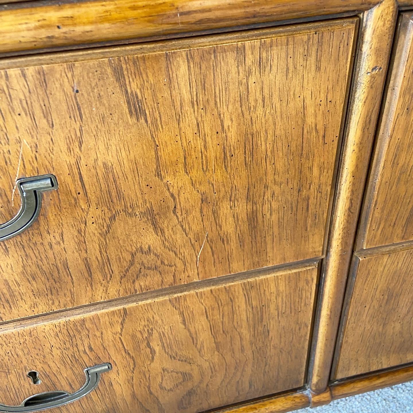 Vintage Campaign Accolade Triple Dresser with Mirror by Drexel Heritage In Good Condition For Sale In Delray Beach, FL