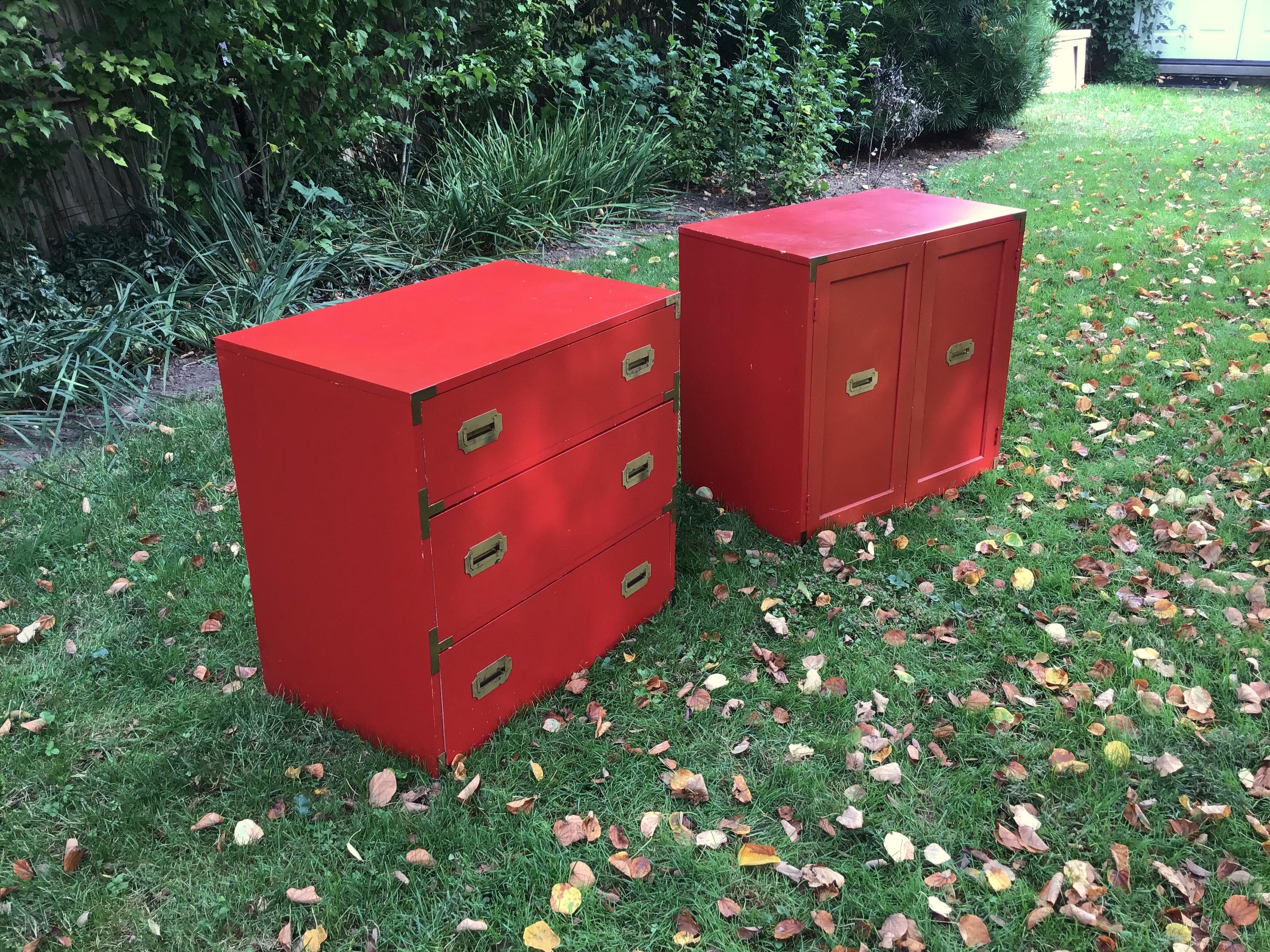 Mid-Century Modern Campaign Chests Pair Mid Century Orange Brass Details