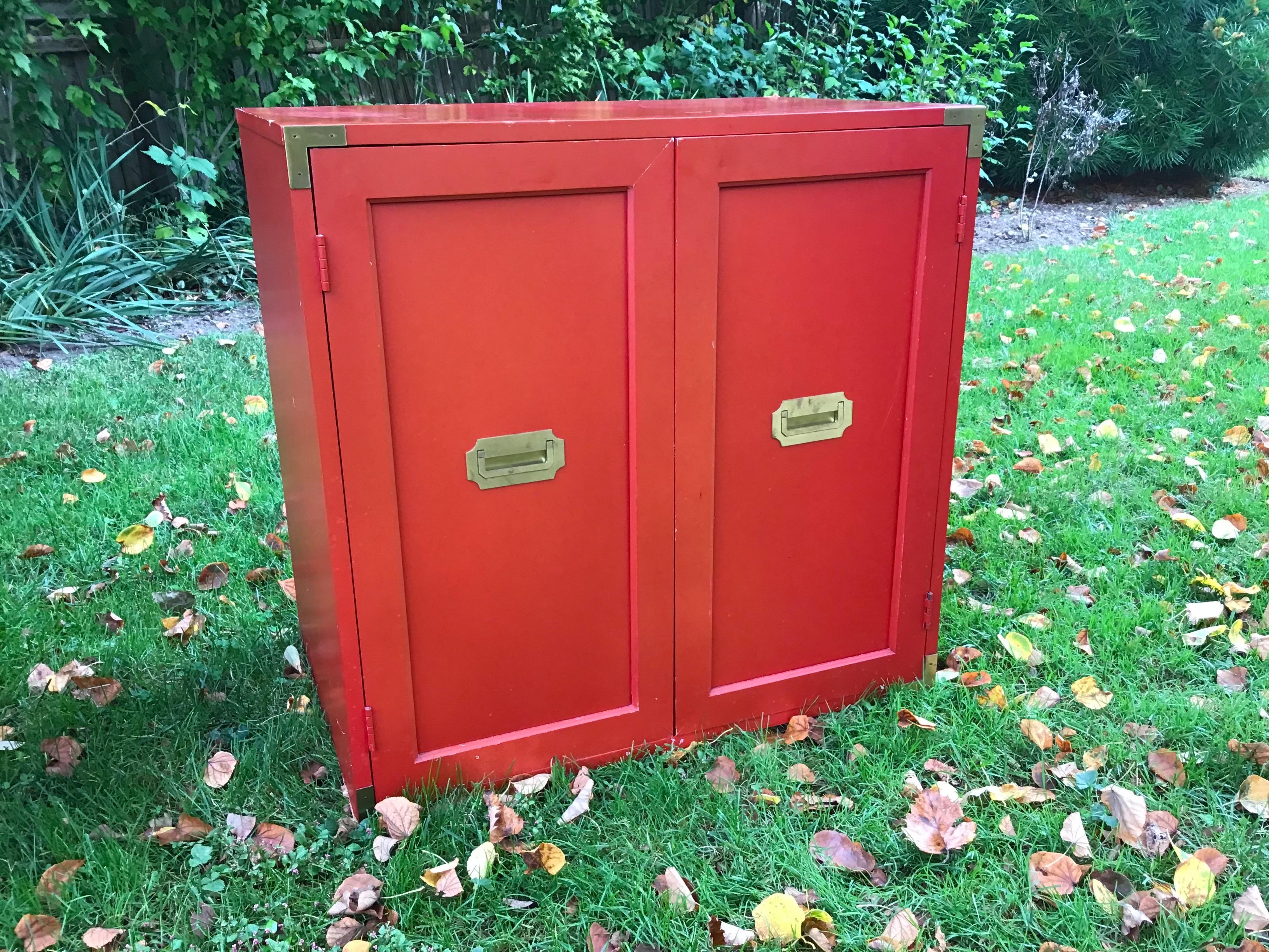 Campaign Chests Pair Mid Century Orange Brass Details In Good Condition In East Hampton, NY