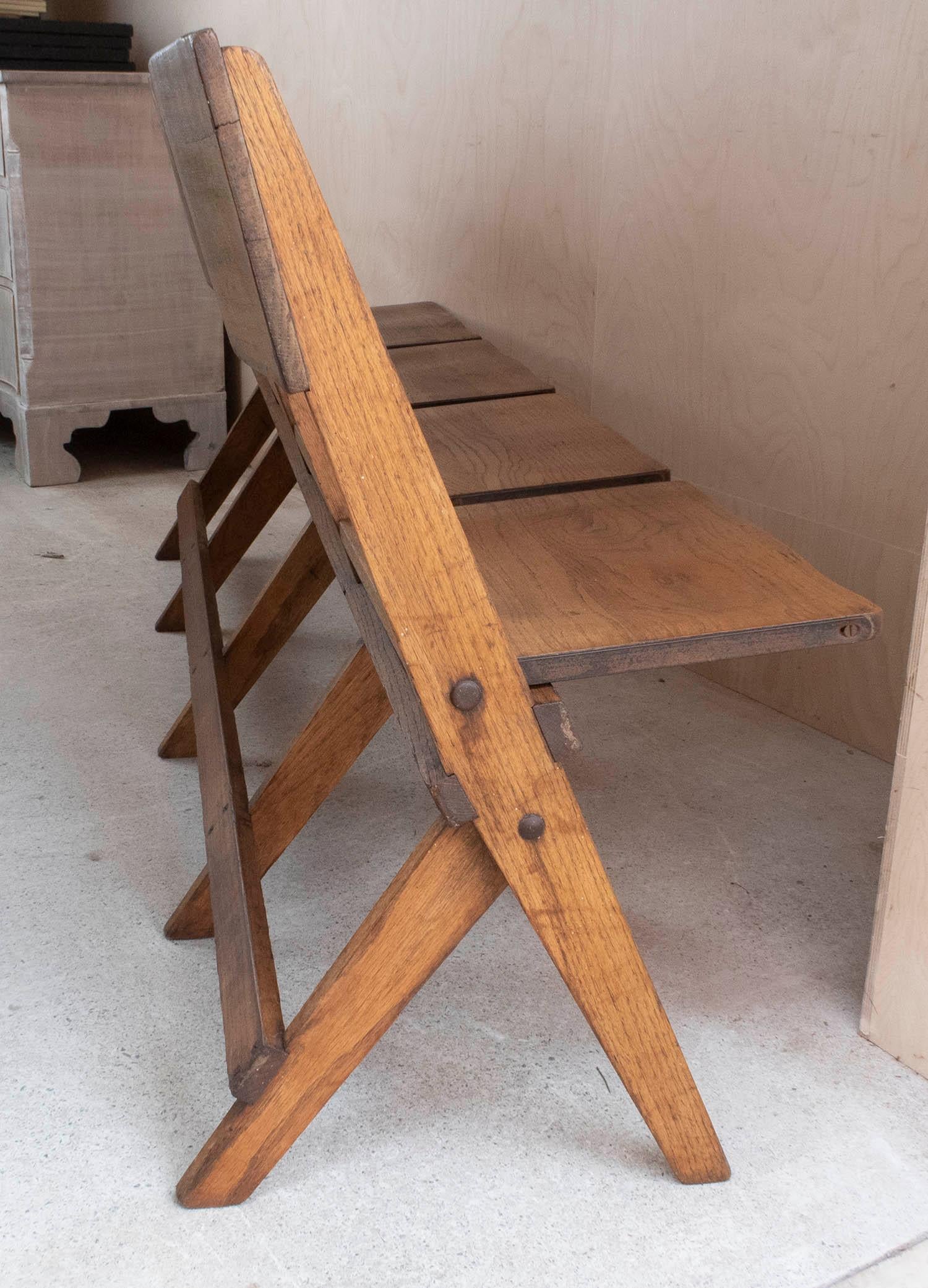 Vintage Campaign Folding Oak 4 Seater Bench. English C.1920 For Sale 1