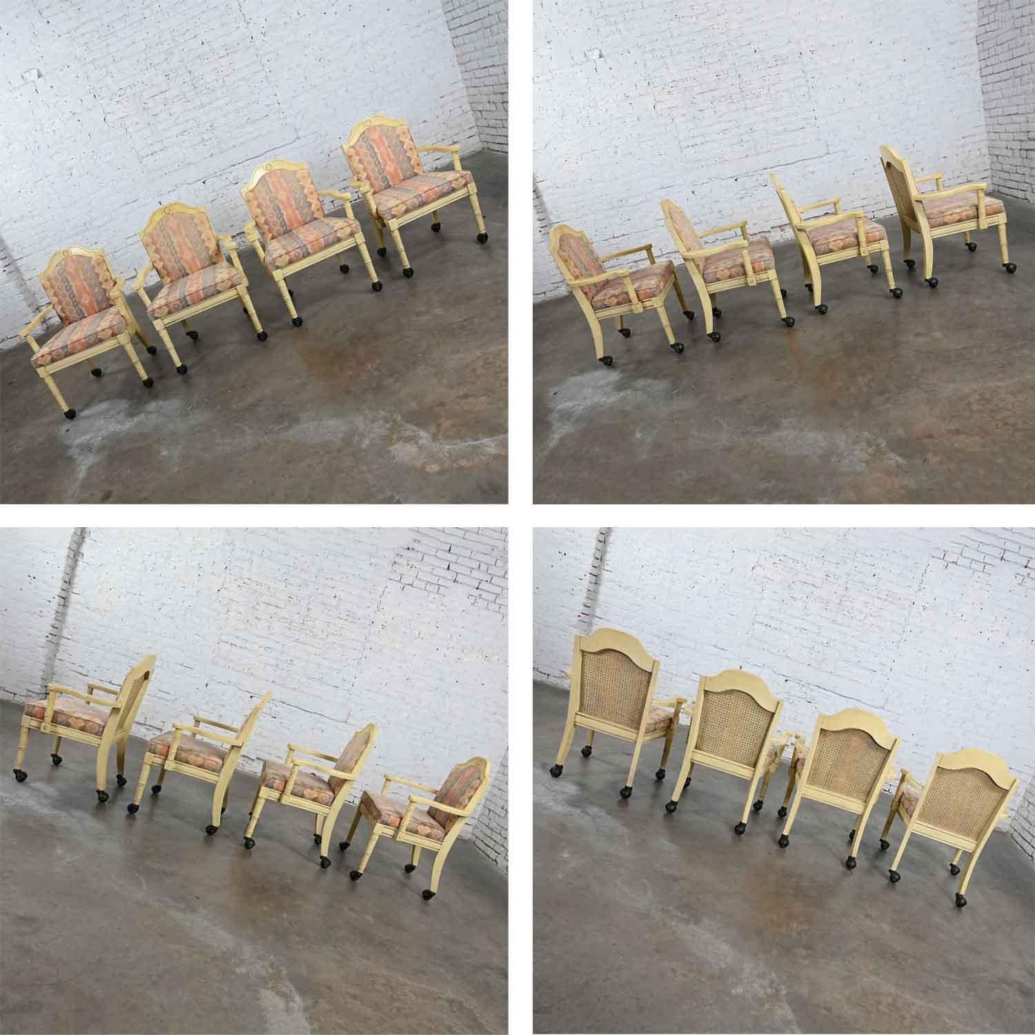 Vintage Campaign French Country Rolling Game Chairs Antiqued White Painted Set 4 For Sale 3