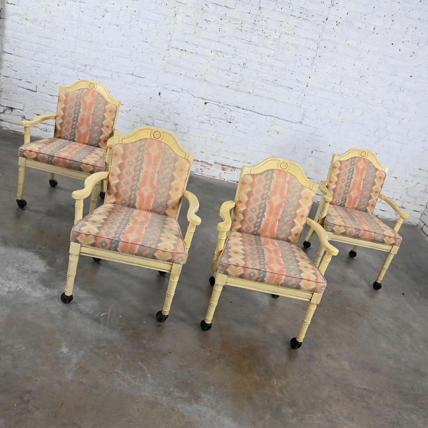 Vintage Campaign French Country Rolling Game Chairs Antiqued White Painted Set 4 For Sale 4