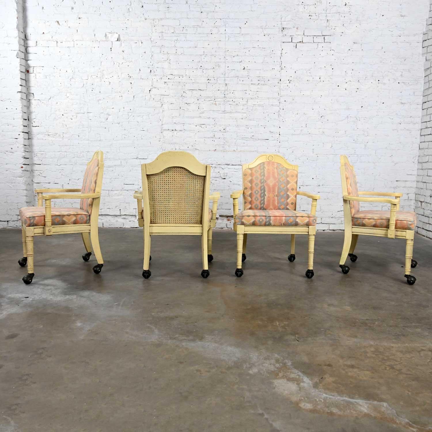 French Provincial Vintage Campaign French Country Rolling Game Chairs Antiqued White Painted Set 4 For Sale