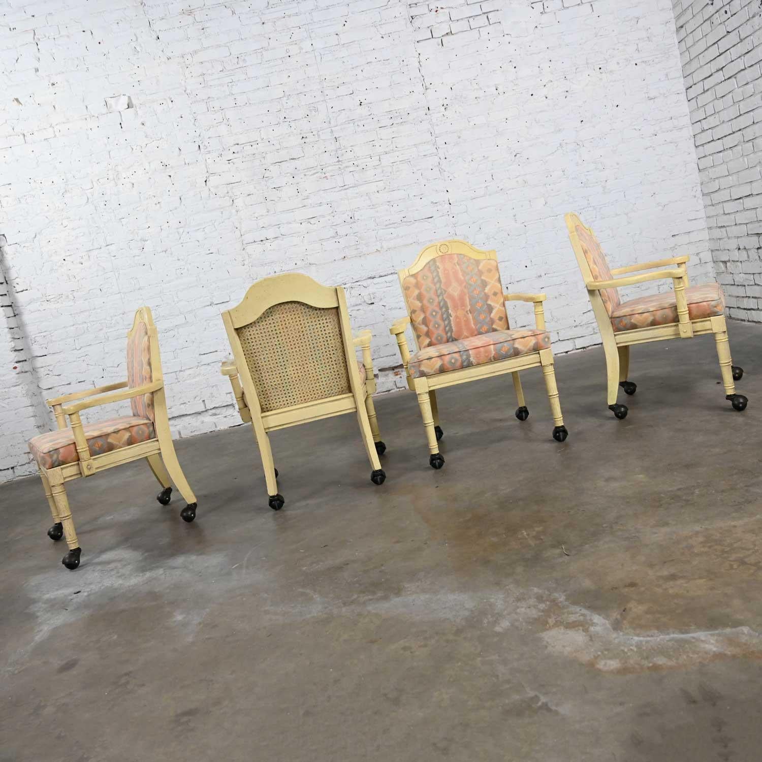 American Vintage Campaign French Country Rolling Game Chairs Antiqued White Painted Set 4 For Sale