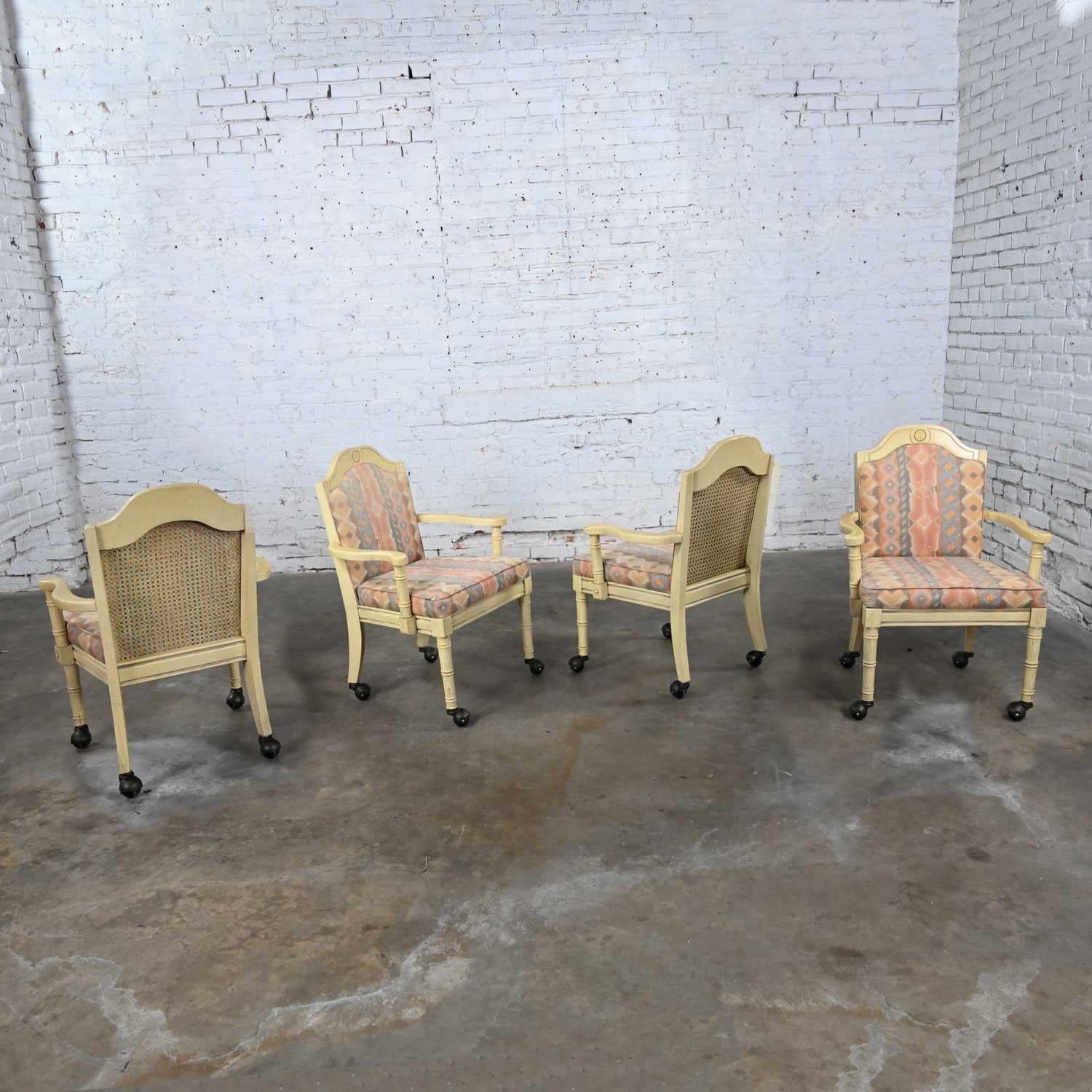 Vintage Campaign French Country Rolling Game Chairs Antiqued White Painted Set 4 In Good Condition For Sale In Topeka, KS