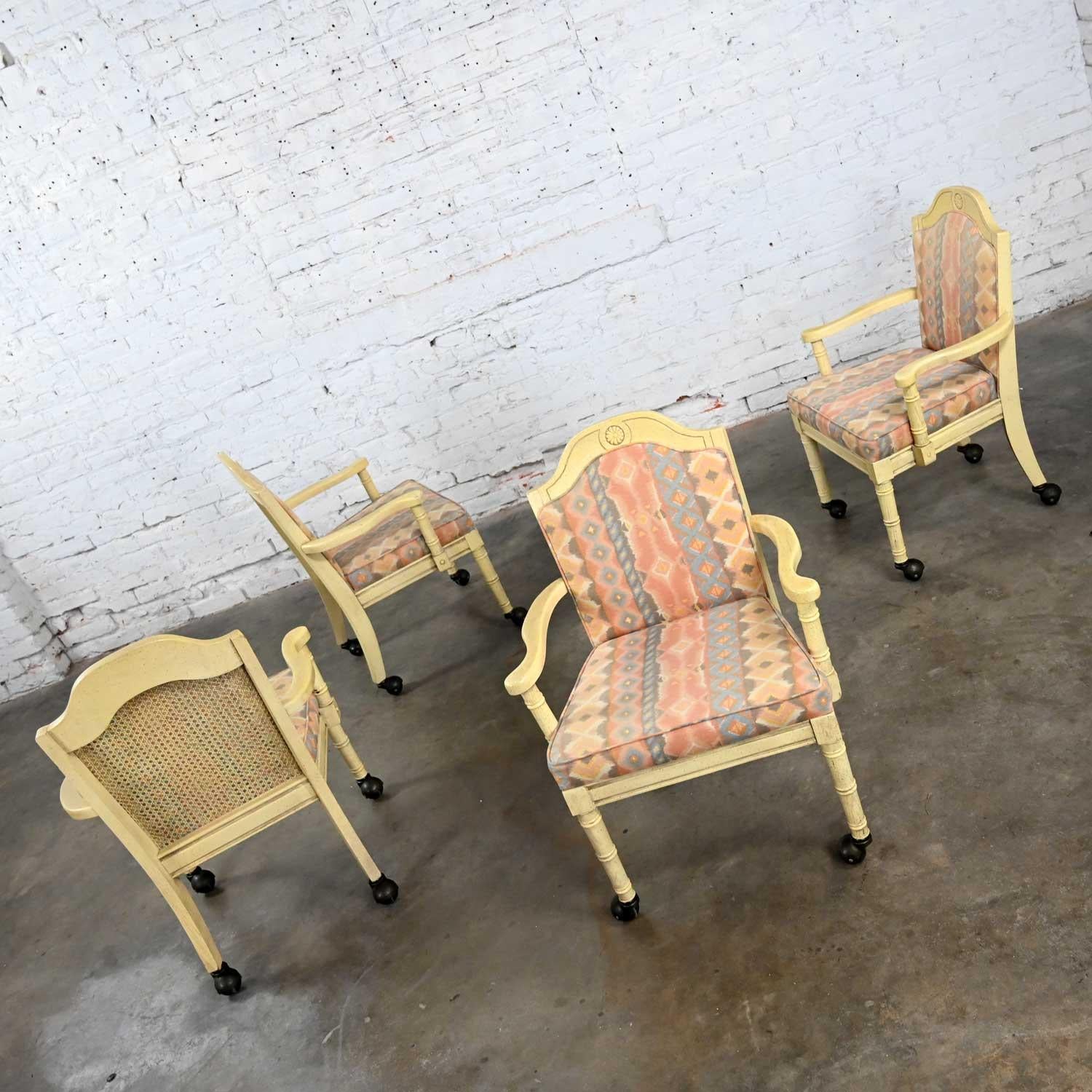 20th Century Vintage Campaign French Country Rolling Game Chairs Antiqued White Painted Set 4 For Sale