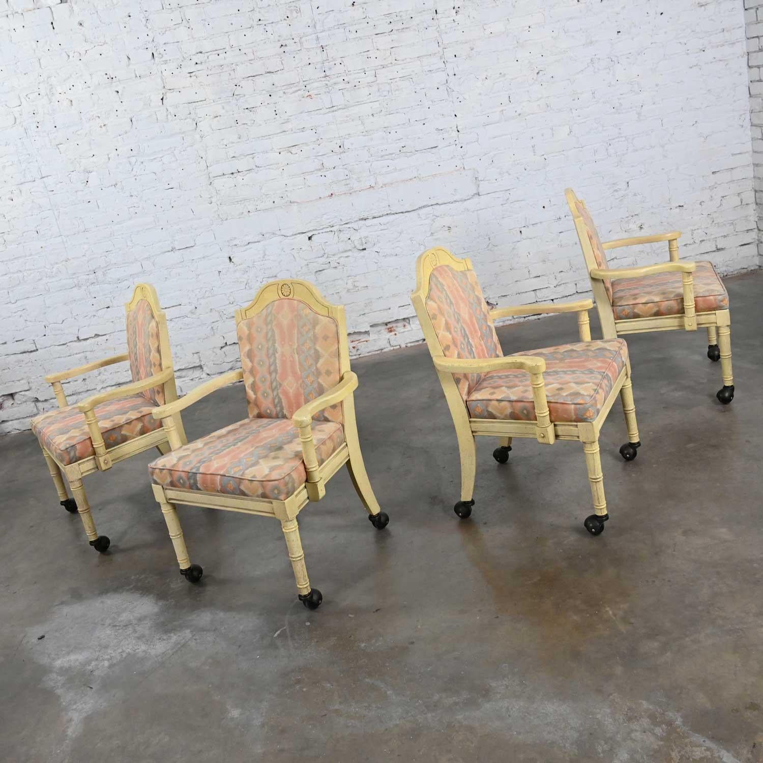 Wood Vintage Campaign French Country Rolling Game Chairs Antiqued White Painted Set 4 For Sale