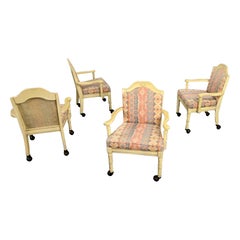 Vintage Campaign French Country Rolling Game Chairs Antiqued White Painted Set 4