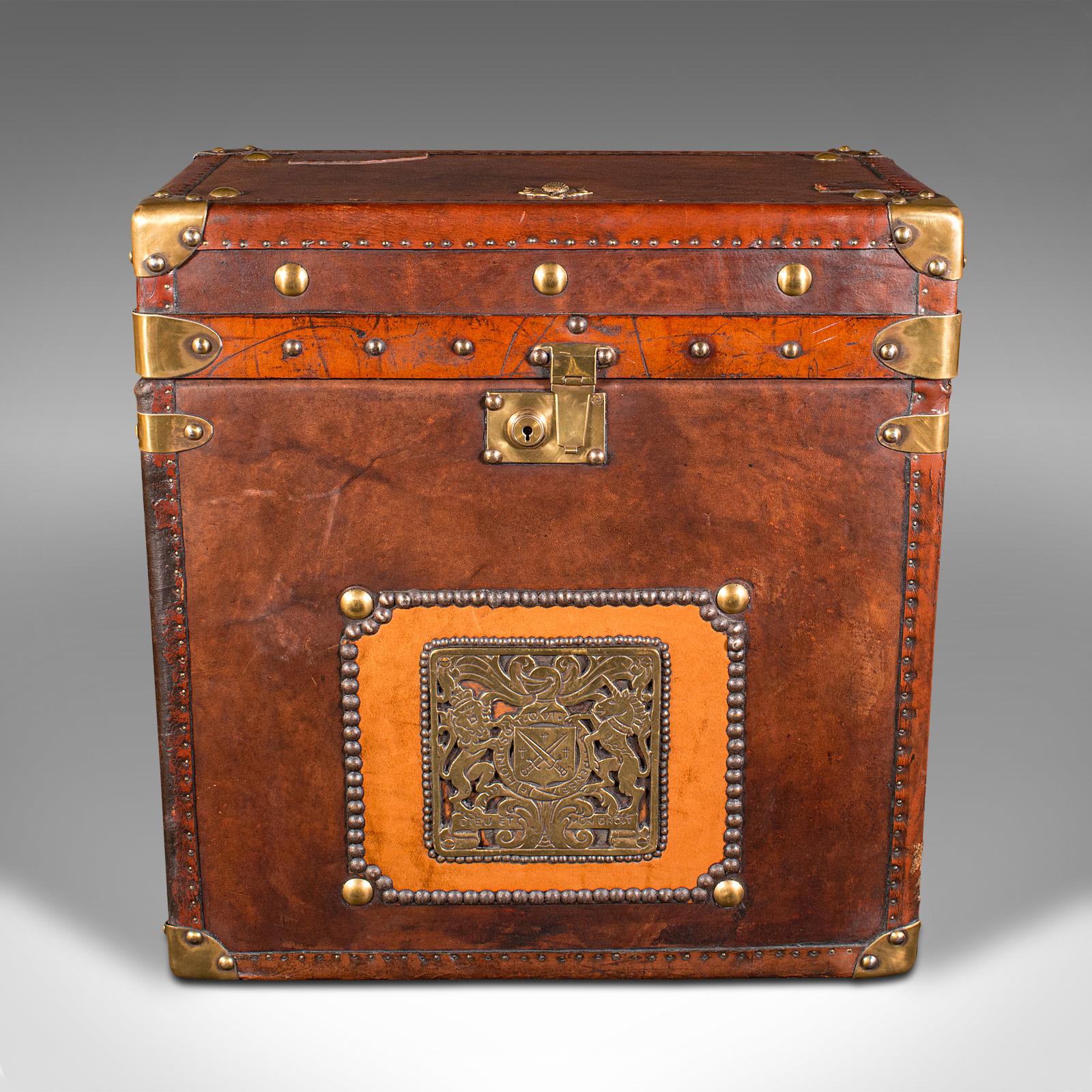 British Vintage Campaign Luggage Case, English, Leather, Brass, Nightstand, Circa 1960