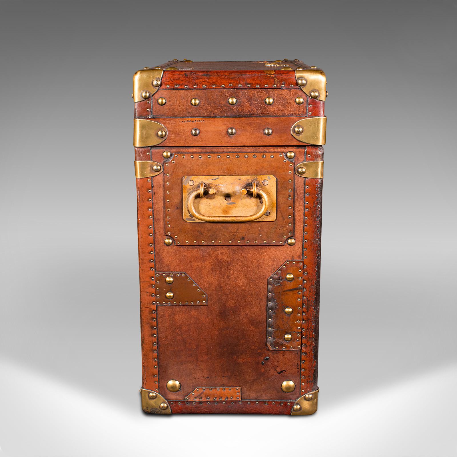 20th Century Vintage Campaign Luggage Case, English, Leather, Brass, Nightstand, Circa 1960