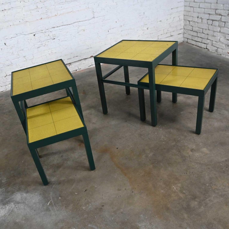 Vintage Campaign Nesting Tables Chartreuse Leather Tops 2 Sets of 2 by
