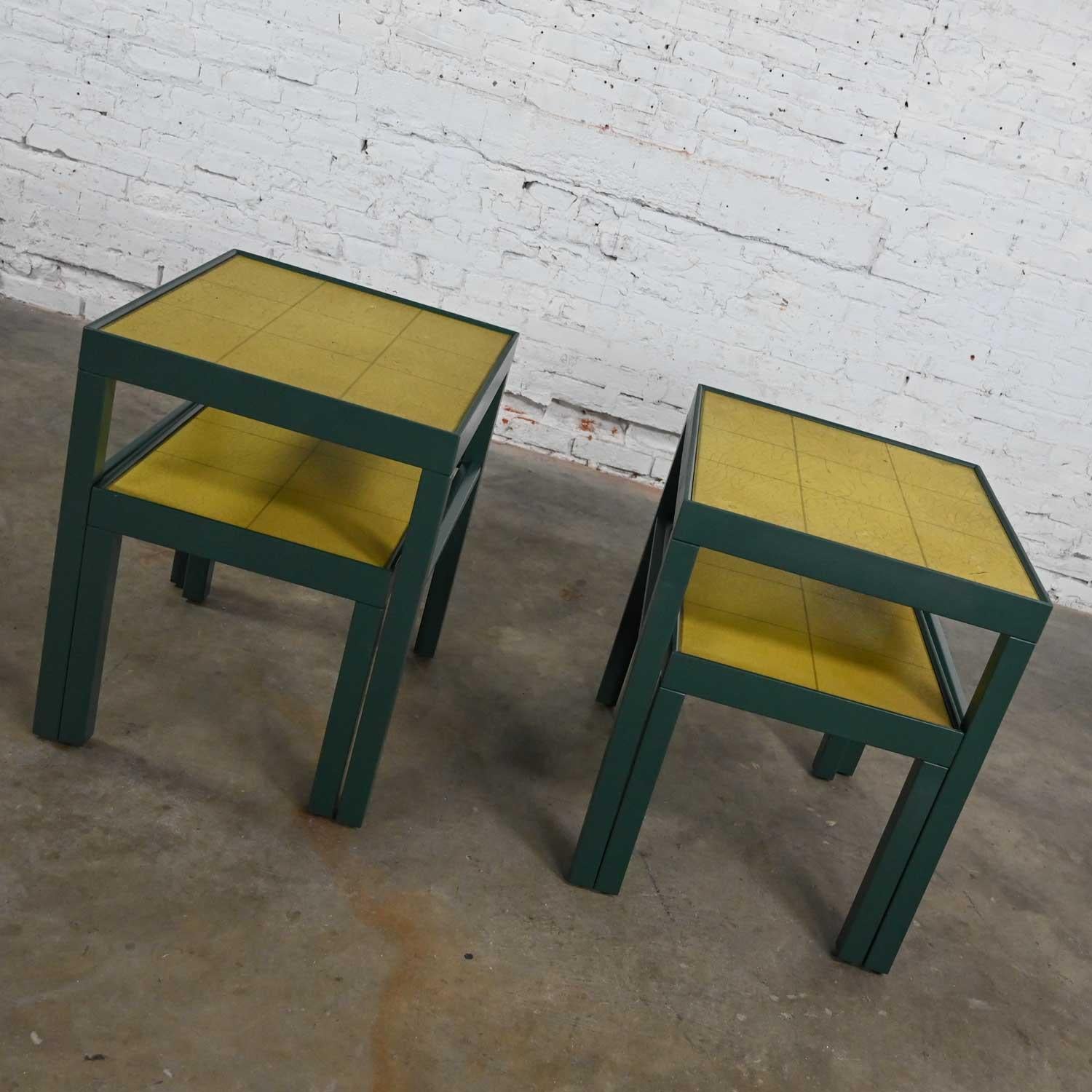 Vintage Campaign Nesting Tables Chartreuse Leather Tops 2 Sets of 2 by Kittinger In Good Condition In Topeka, KS