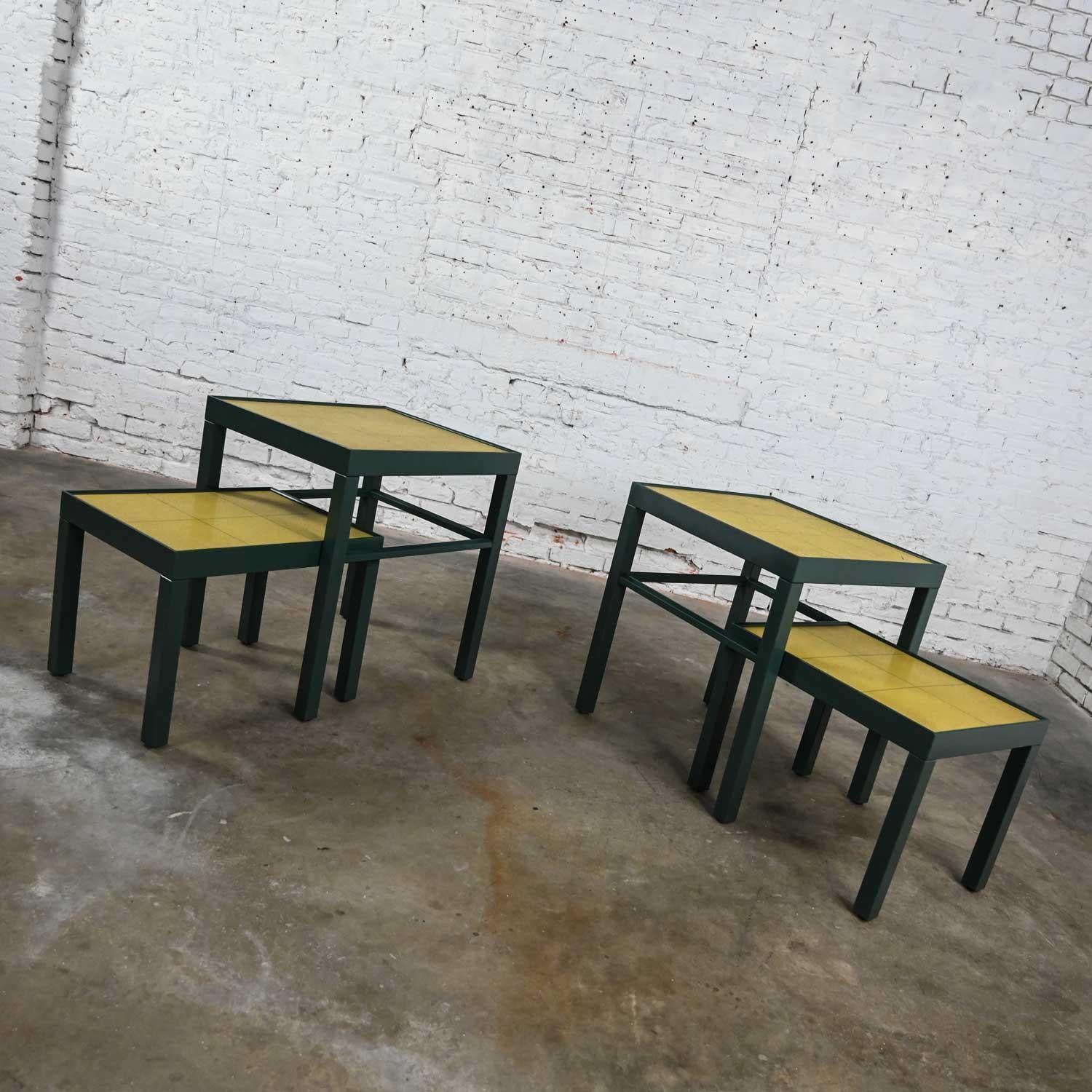20th Century Vintage Campaign Nesting Tables Chartreuse Leather Tops 2 Sets of 2 by Kittinger
