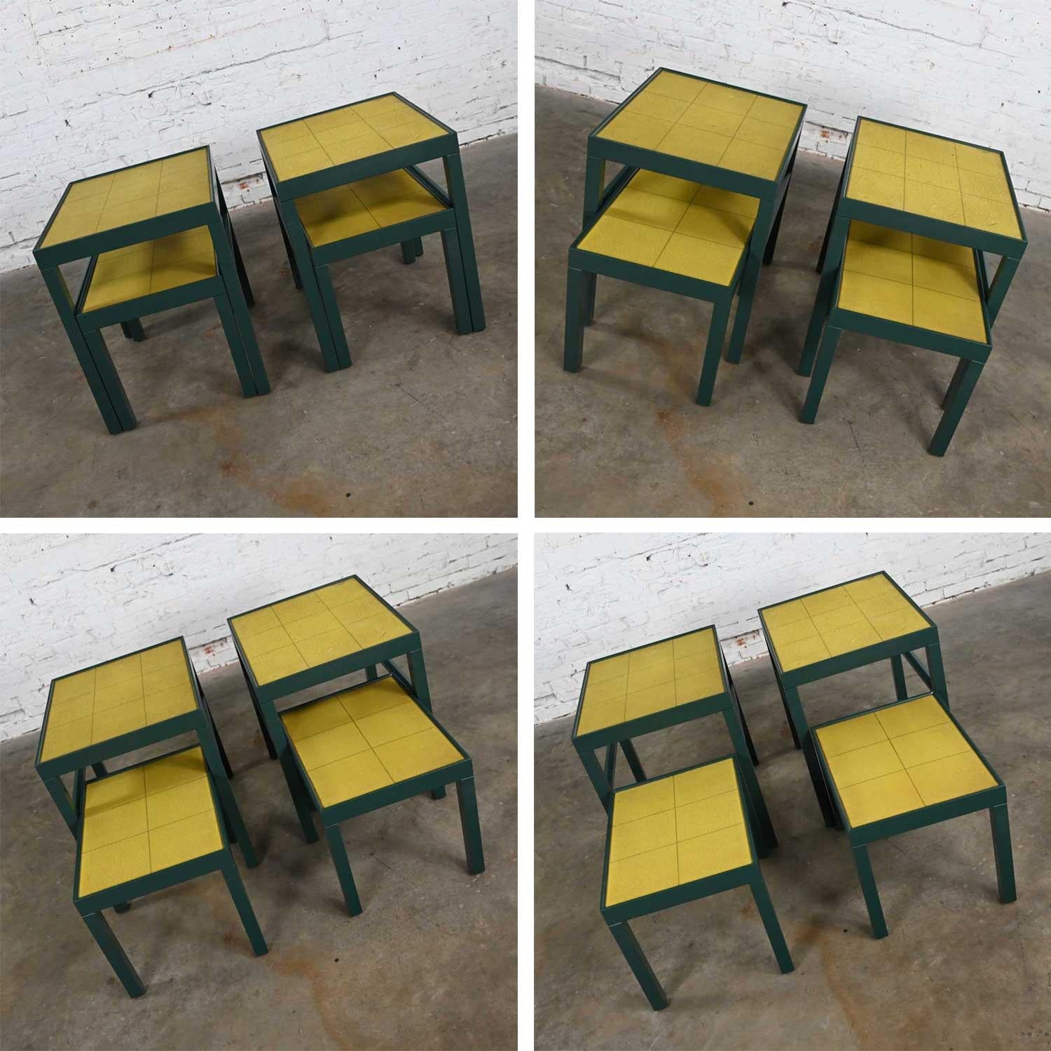Vintage Campaign Nesting Tables Chartreuse Leather Tops 2 Sets of 2 by Kittinger 4