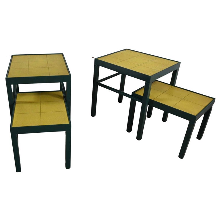 Vintage Campaign Nesting Tables Chartreuse Leather Tops 2 Sets of 2 by