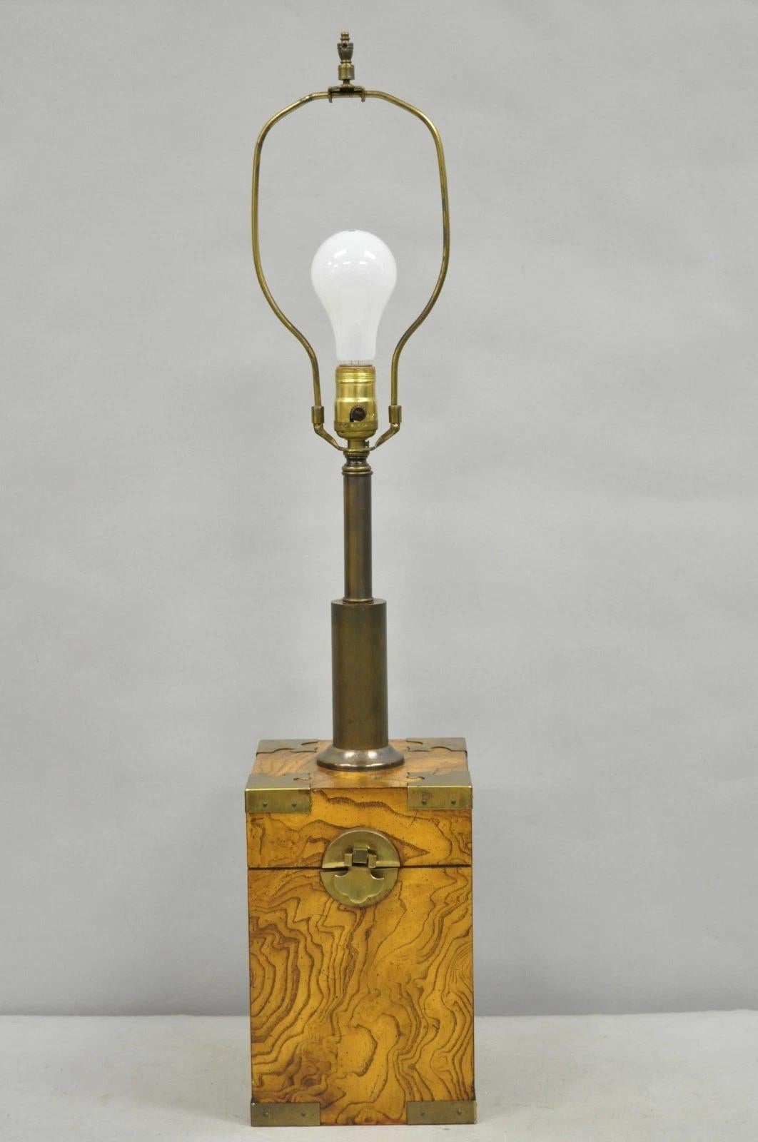 Vintage Campaign Style Burl Wood & Brass Faux Tea Box Table Lamp by Knob Creek For Sale 6