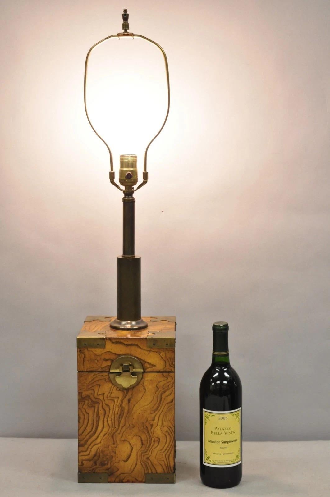 Vintage Campaign Style Burl Wood & Brass Faux Desk Tea Box Table Lamp by Knob Creek of Morgantown. Circa Late 20th Century. Measurements: 33