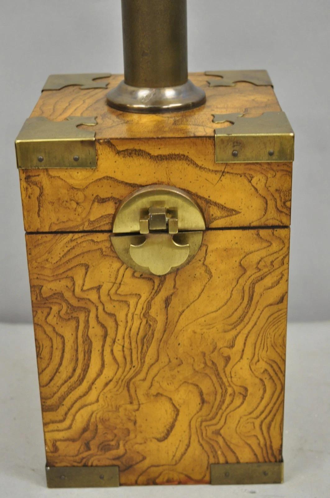 Mid-Century Modern Vintage Campaign Style Burl Wood & Brass Faux Tea Box Table Lamp by Knob Creek For Sale