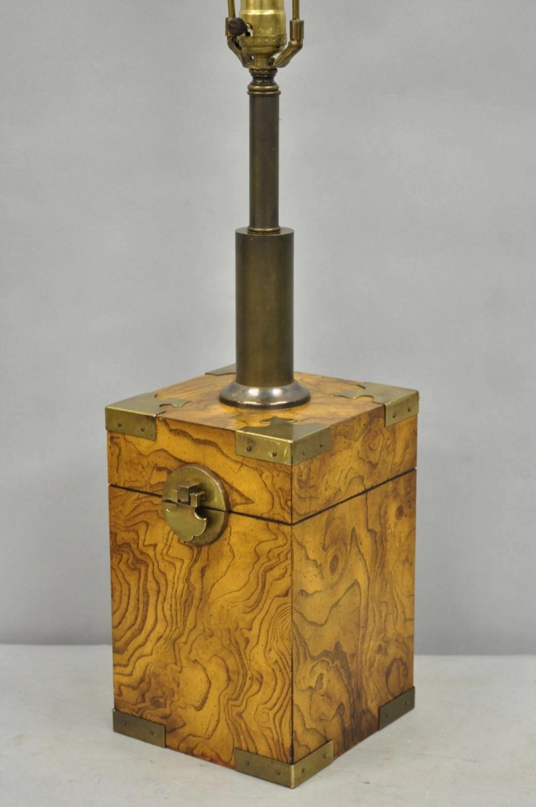 20th Century Vintage Campaign Style Burl Wood & Brass Faux Tea Box Table Lamp by Knob Creek For Sale